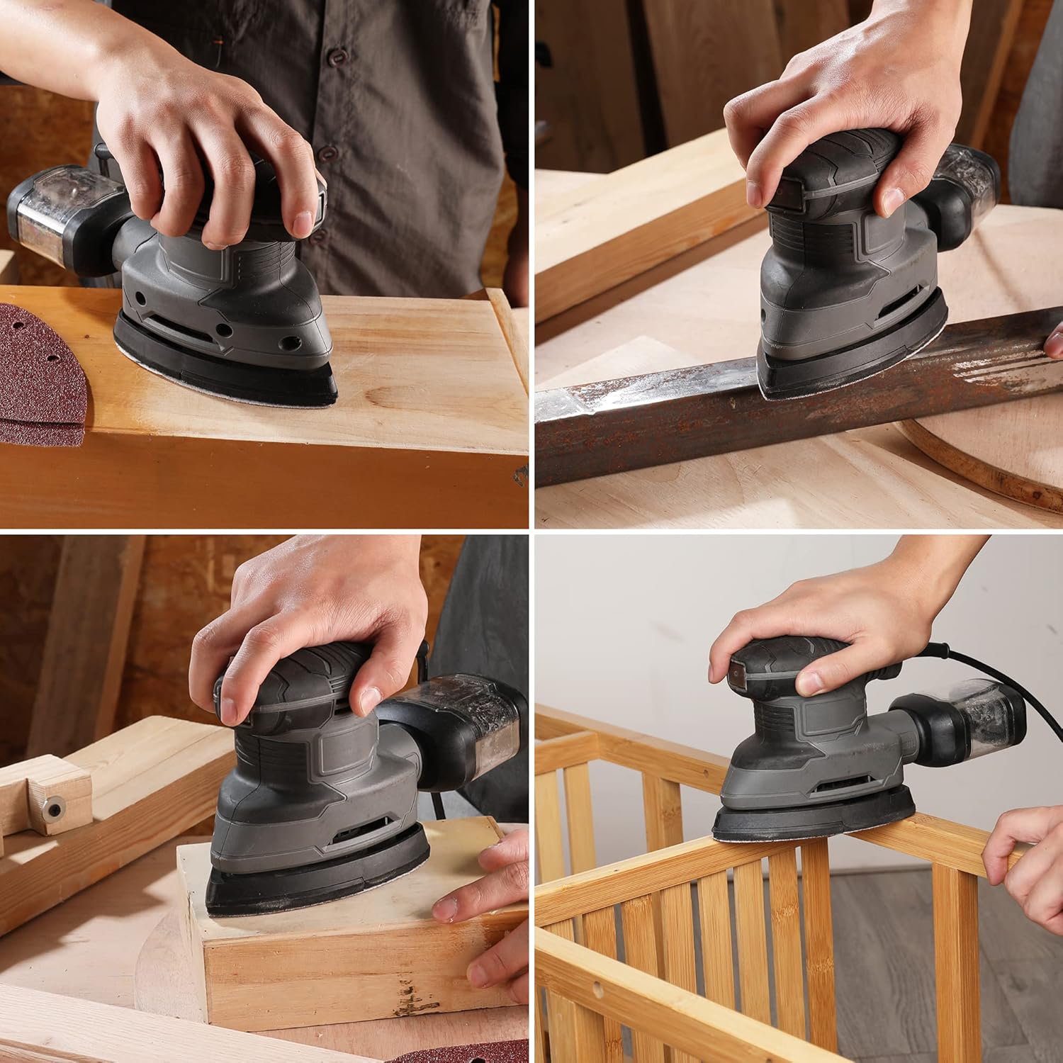 Red triangular sanding pad attached to a mouse sander, 5-hole pattern for wood sanding