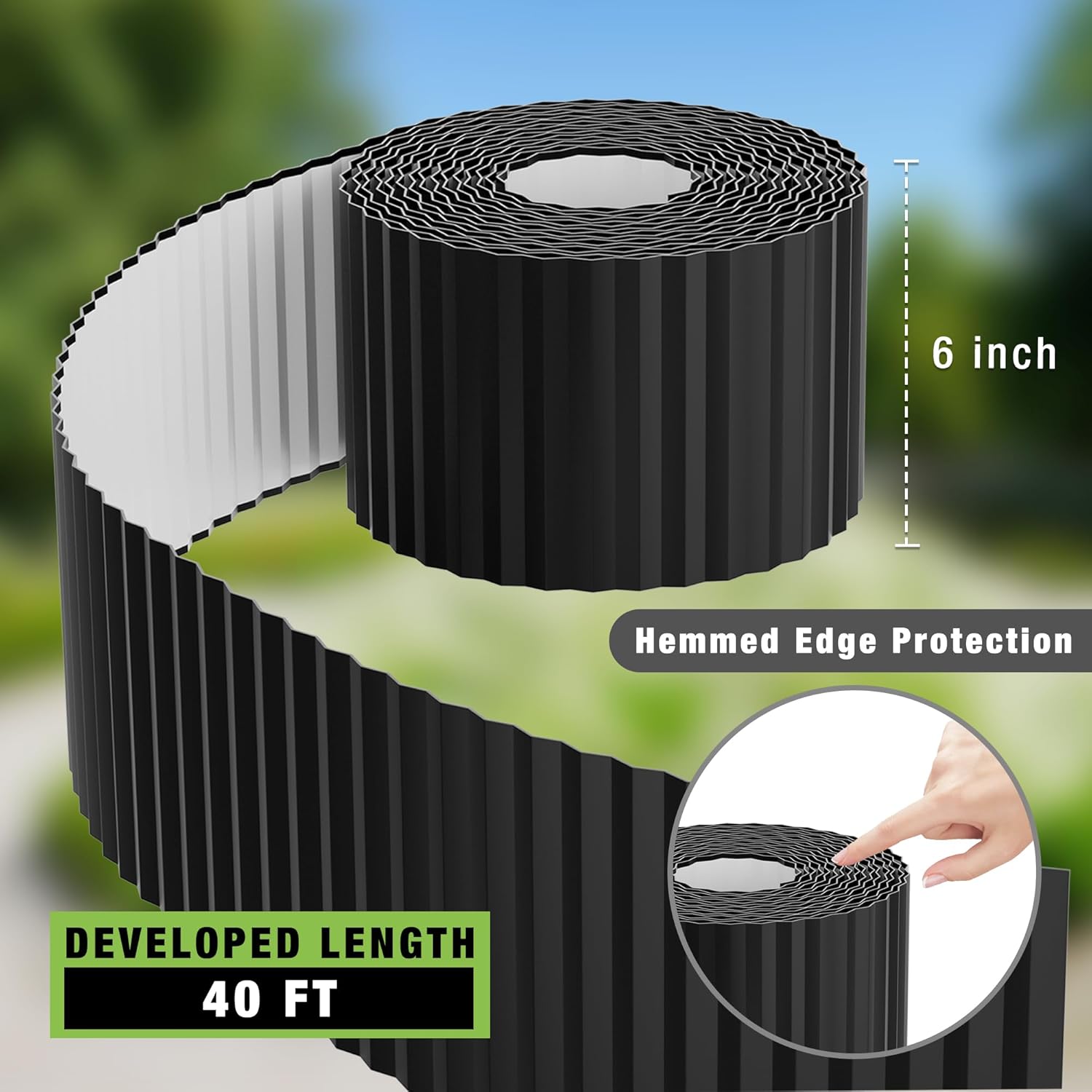 Black corrugated metal garden edging roll, 6-inch height with protective hemmed edge.