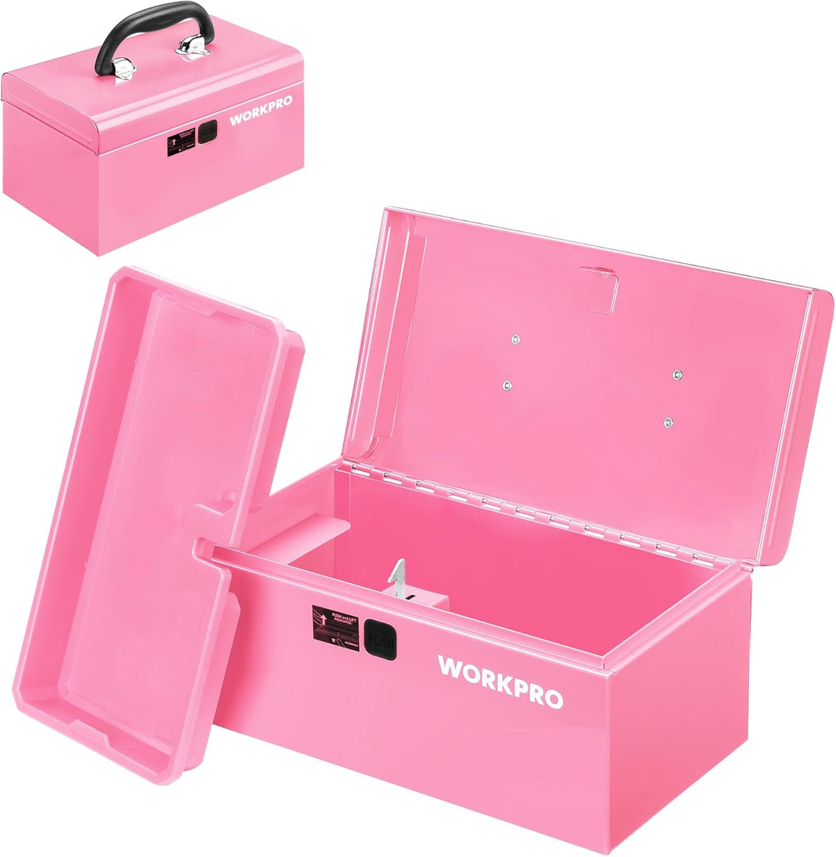 Pink mini tool box with lid open and removable divider tray extended.