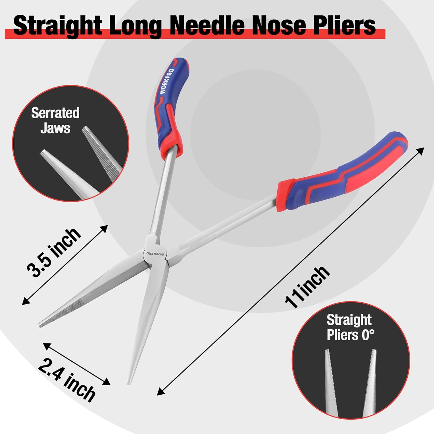 Straight long needle nose pliers with serrated jaws and blue/red grip handles
