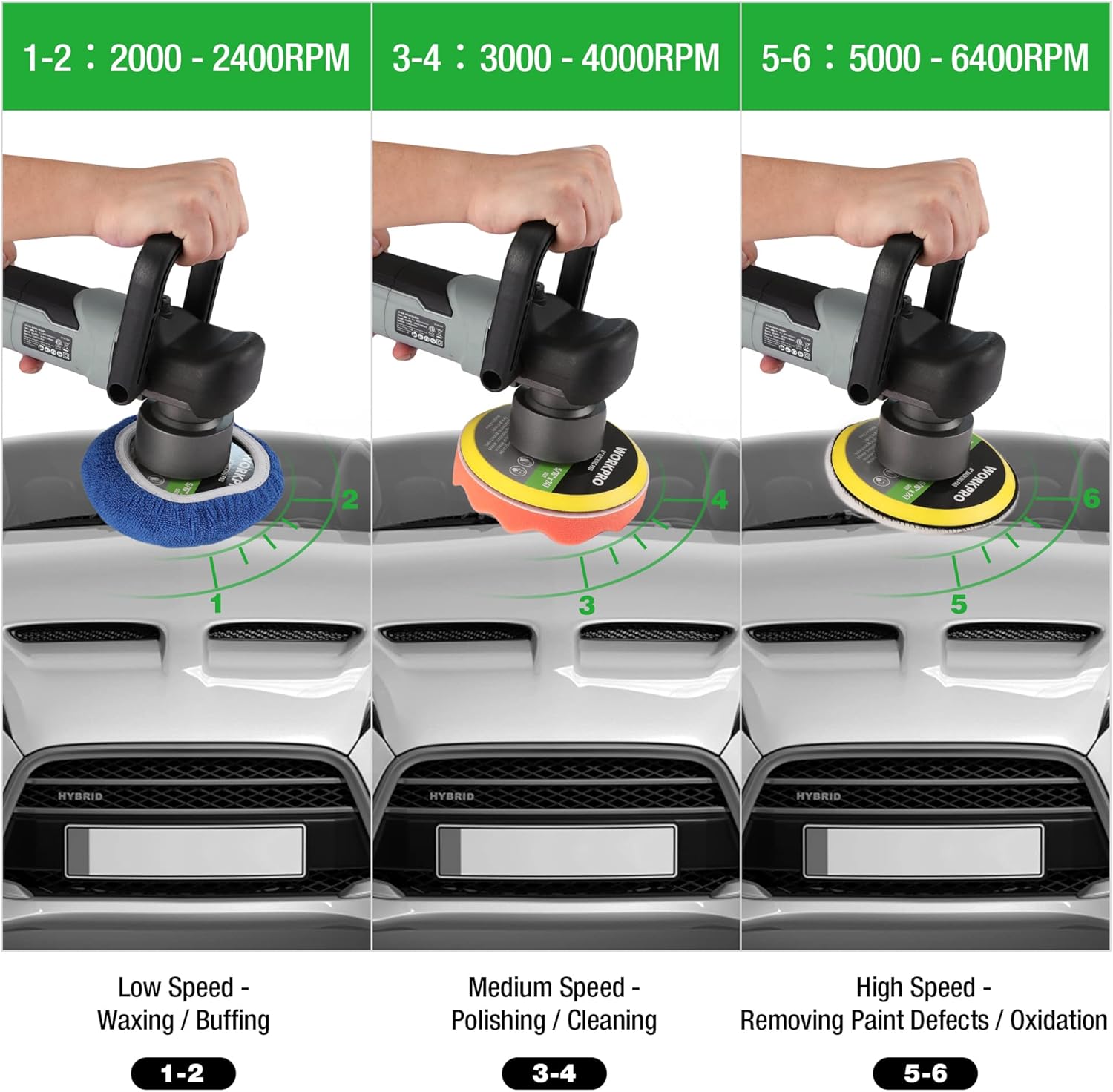 6-speed dual-action polisher showing speed ranges for waxing, polishing, and defect removal