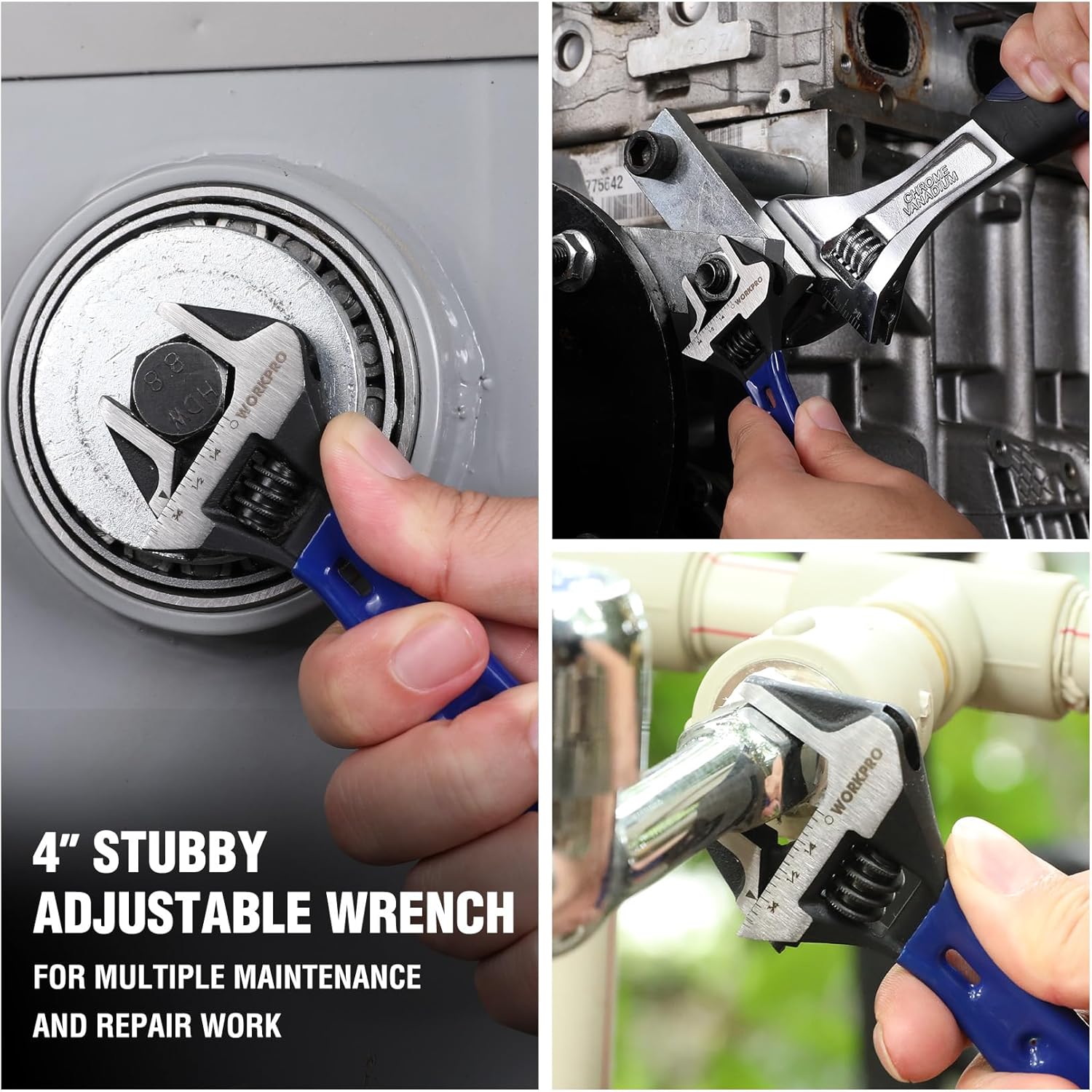 4-inch stubby adjustable wrench used on machine parts and held in hand