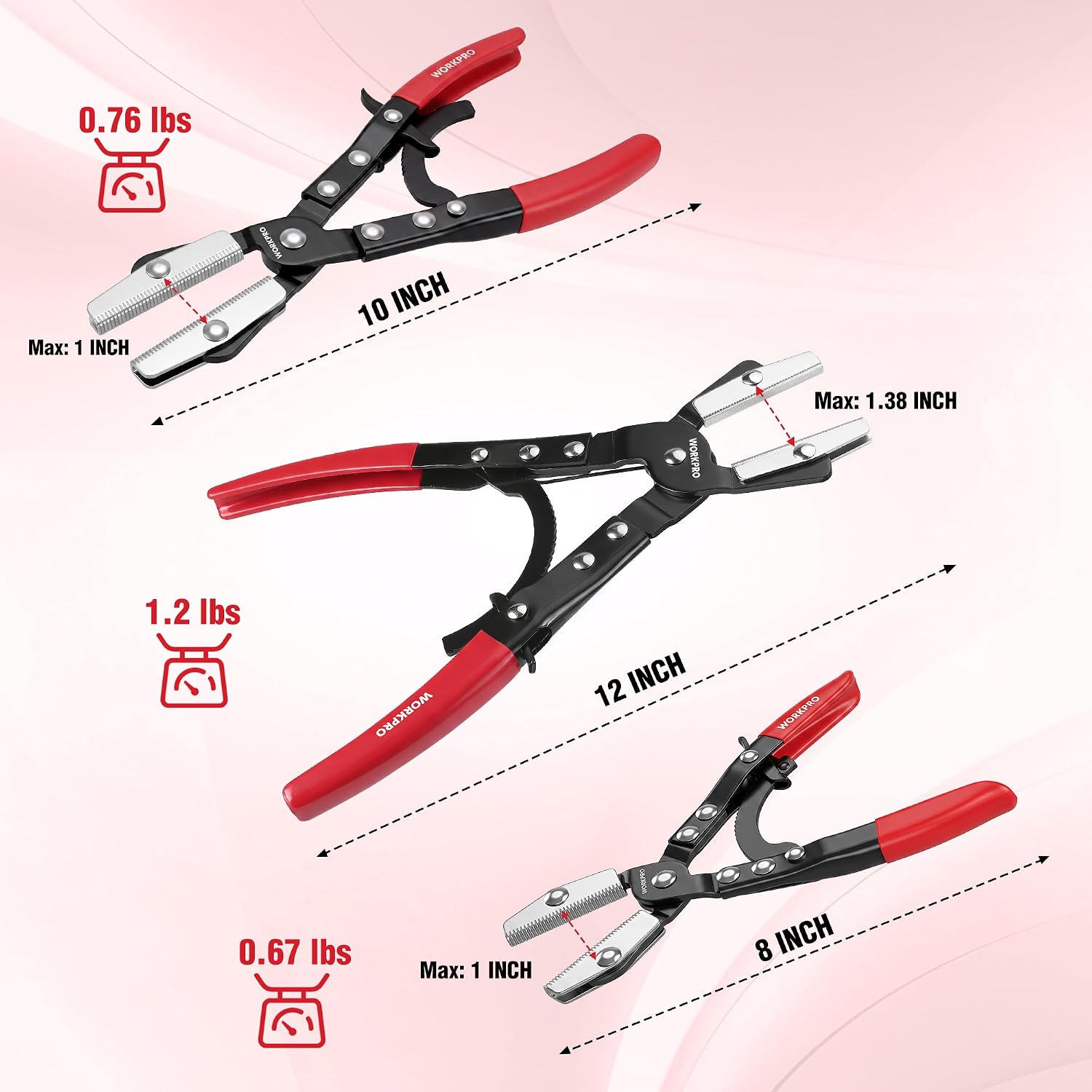 Measured ratcheting hose pinch pliers, 8 in, 10 in, and 12 in sizes with red grips