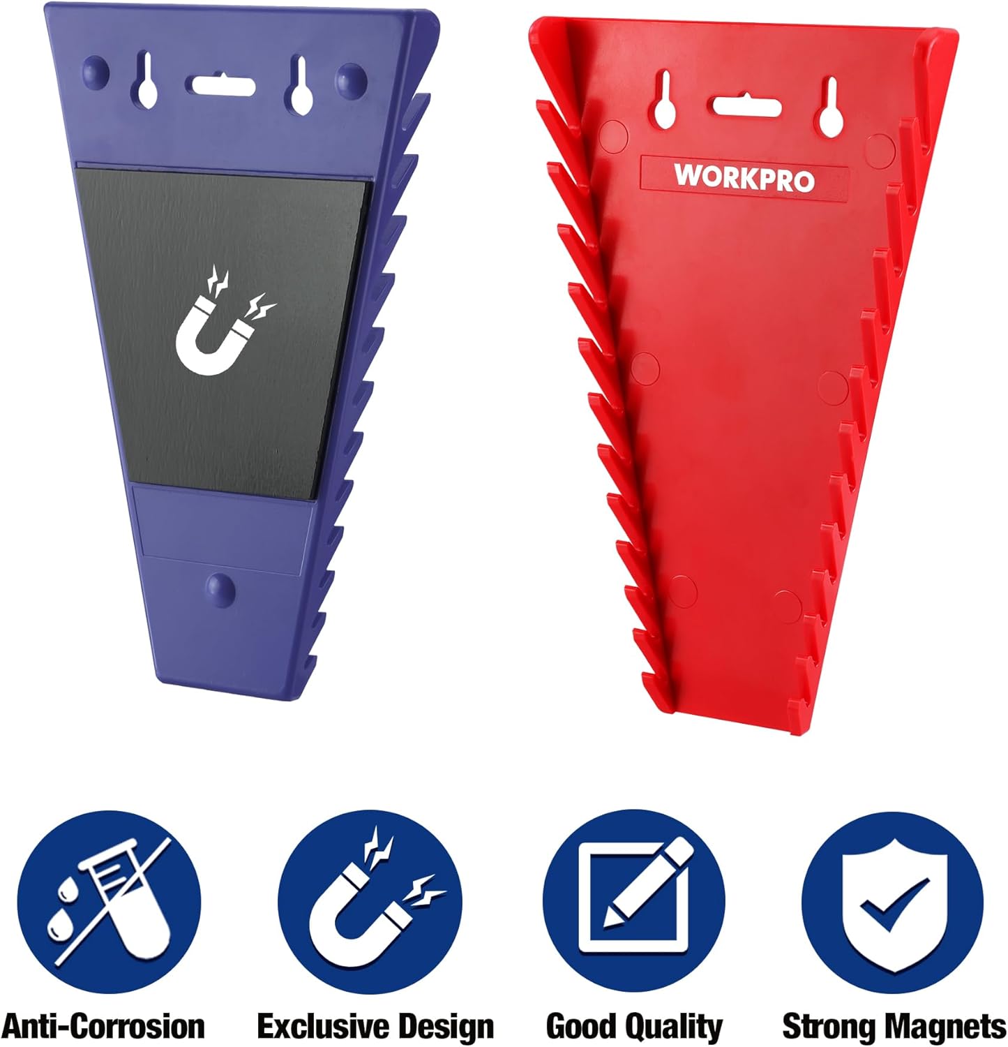Blue and red magnetic wrench organizer racks with four wrench slots and anti-corrosion badges
