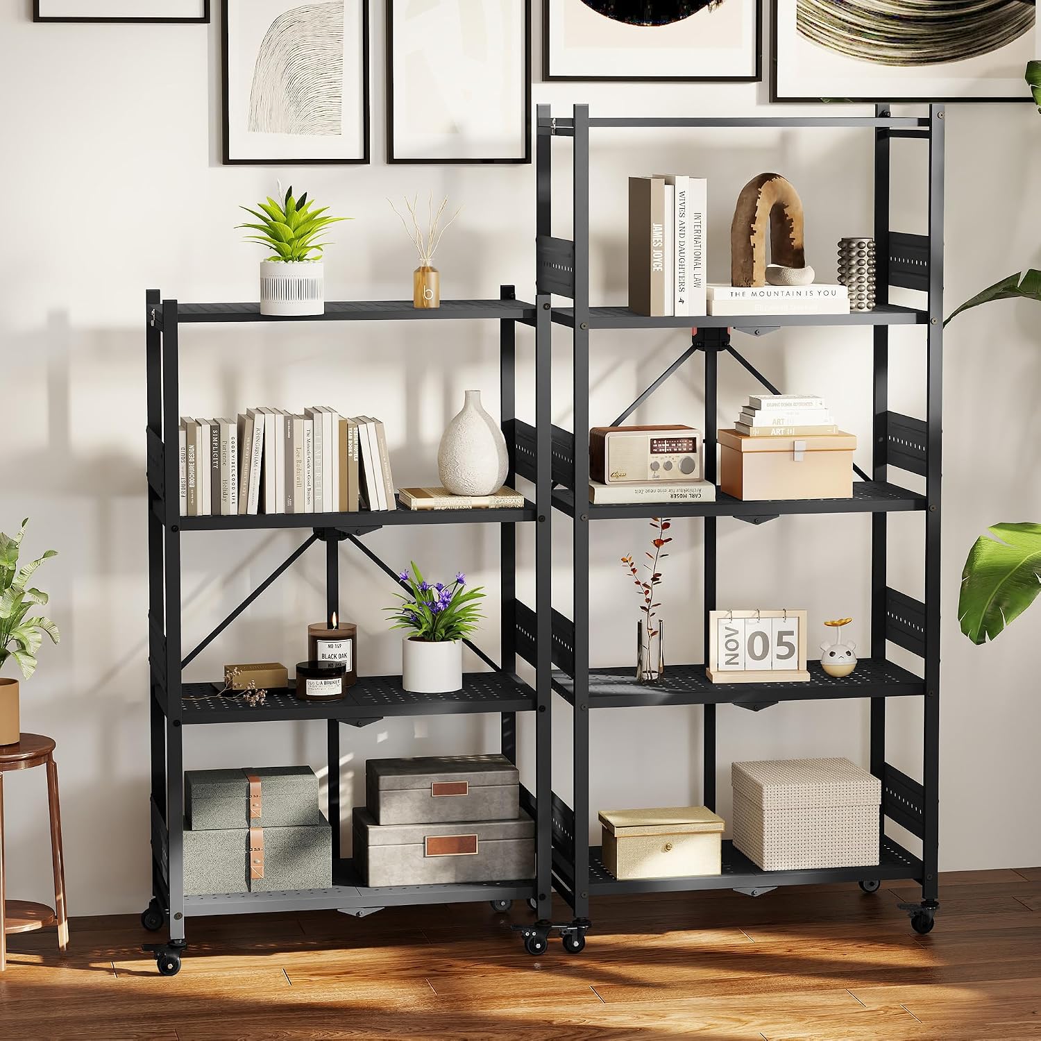 Black metal 5-tier rolling shelving unit with four shelves and open frame