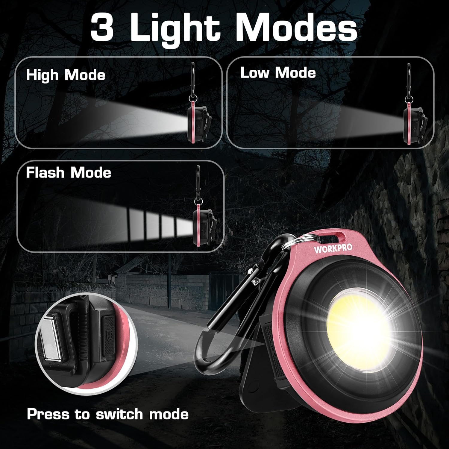Pink and black keychain flashlight with hanging carabiner, compact round LED head