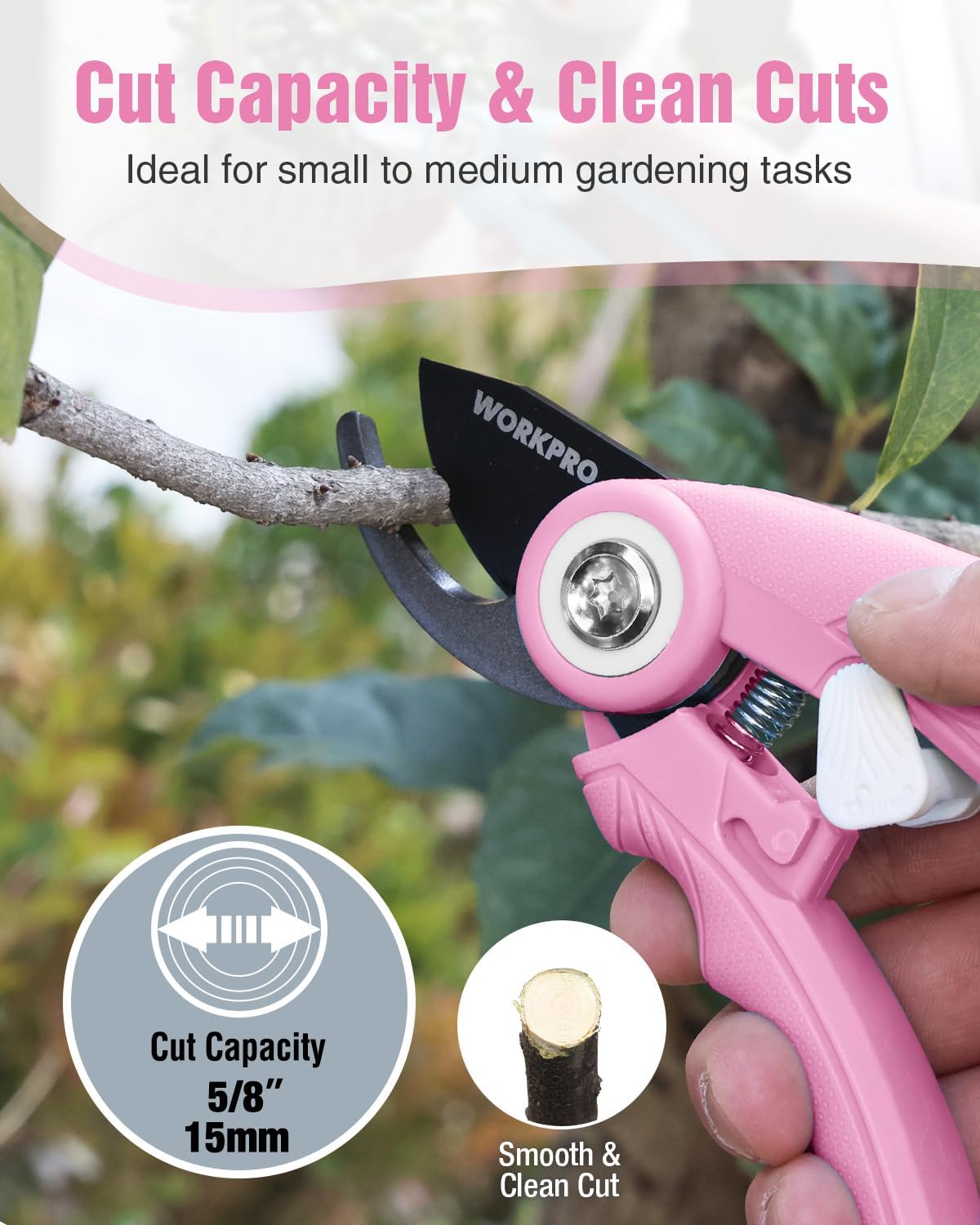WORKPRO pruning shears in pink with black blade, circular pivot and finger grip