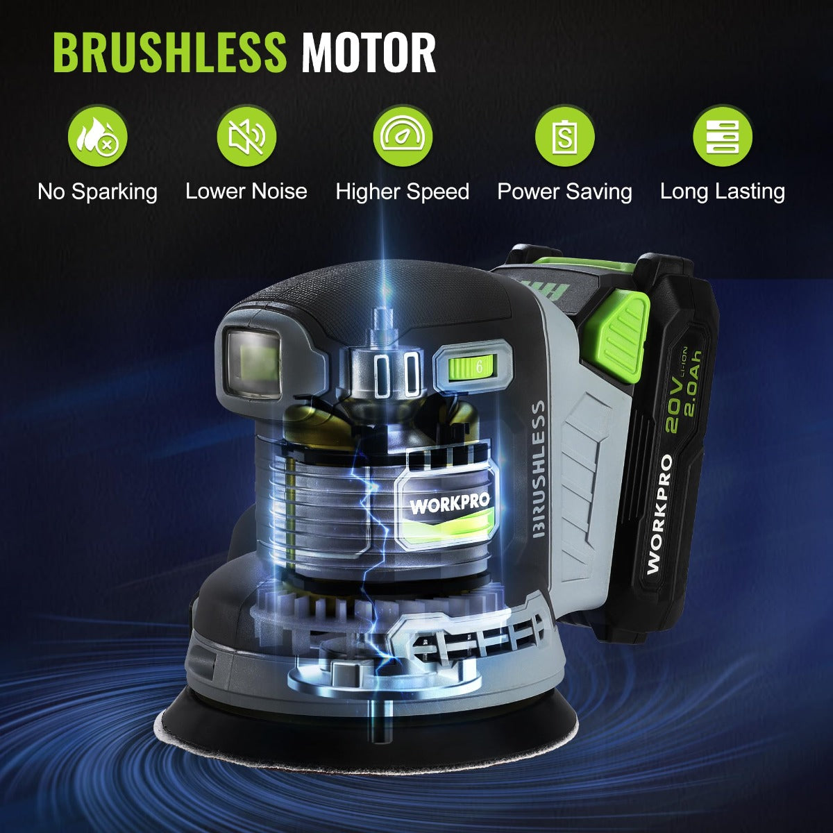 Cordless brushless orbital sander with LED light and motor airflow, green and gray