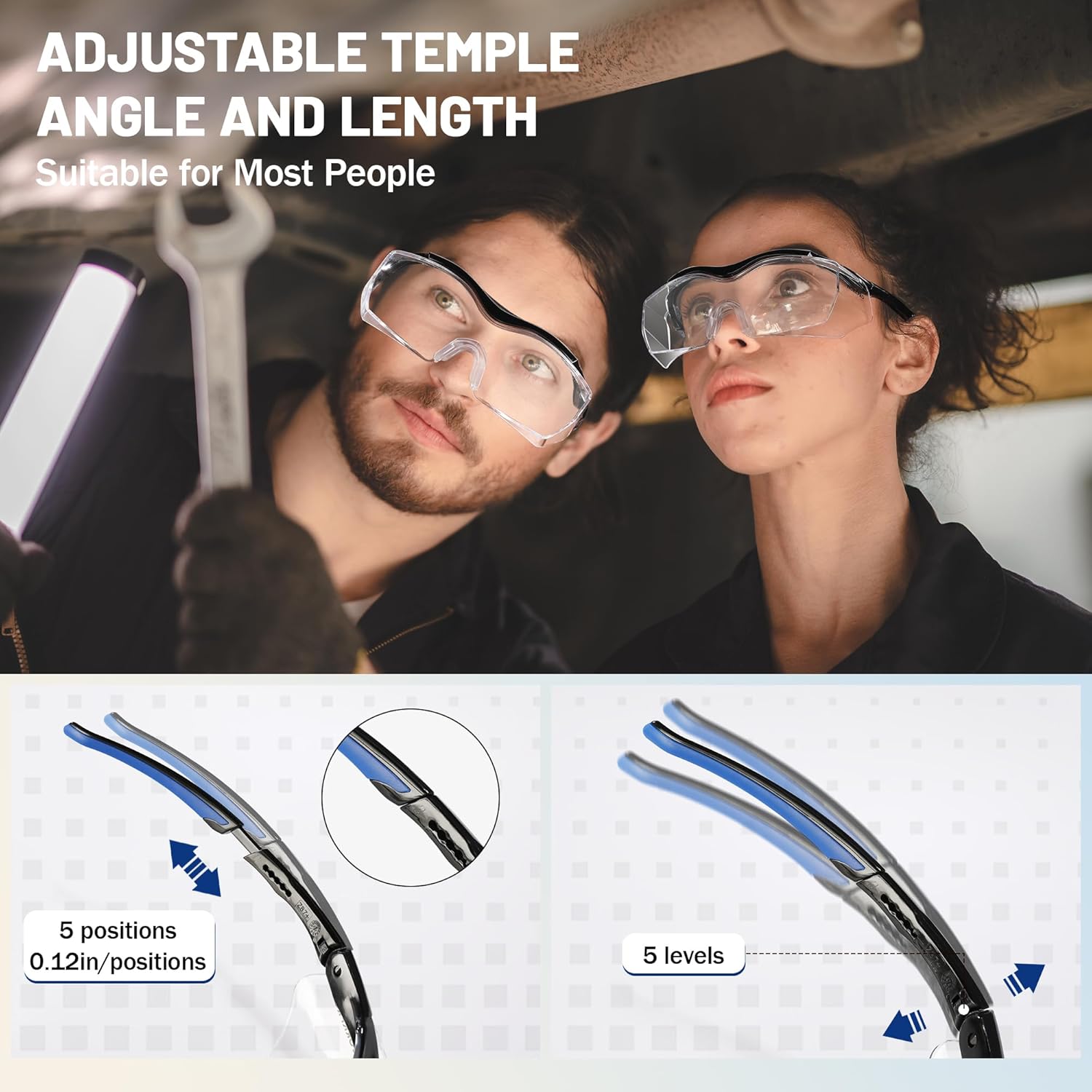 WORKPRO safety goggles on two people, adjustable temple angle and length