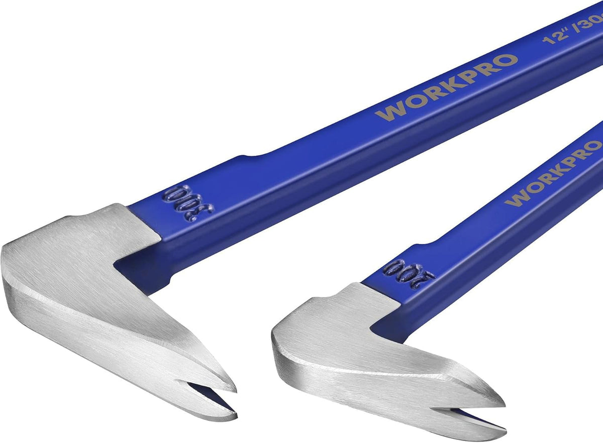 Pair of WORKPRO nail puller bars with silver claw hooks and blue pry handles