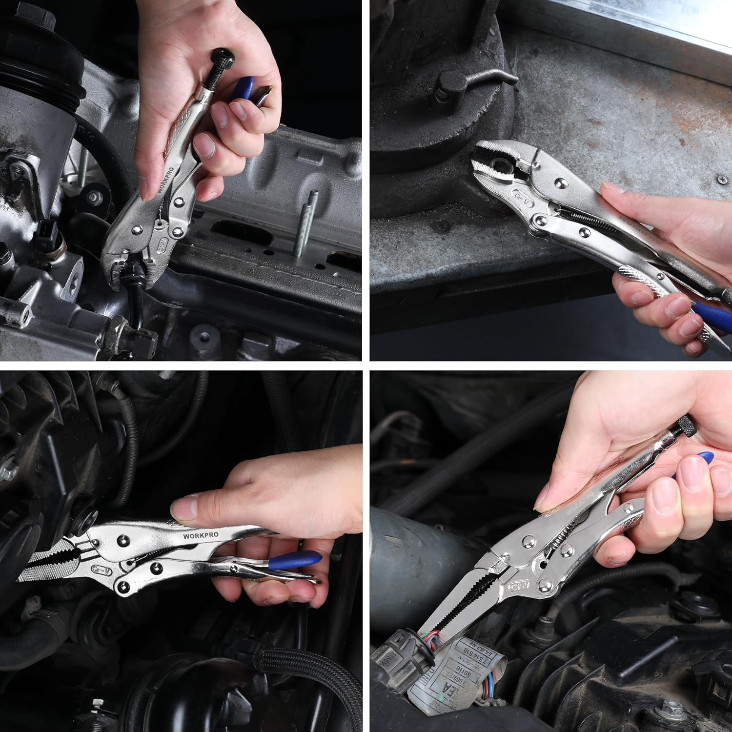 Locking pliers with blue handle used on engine components, silver jaws with hex key hole.