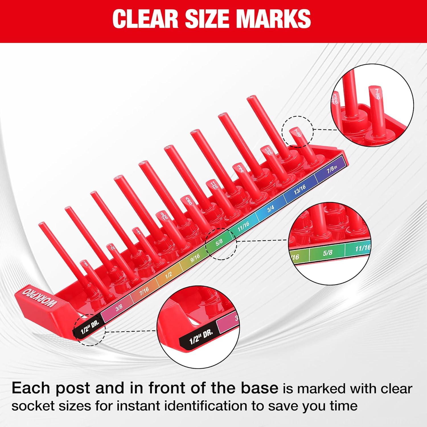 Red socket organizer with raised posts and clear size marks for quick identification