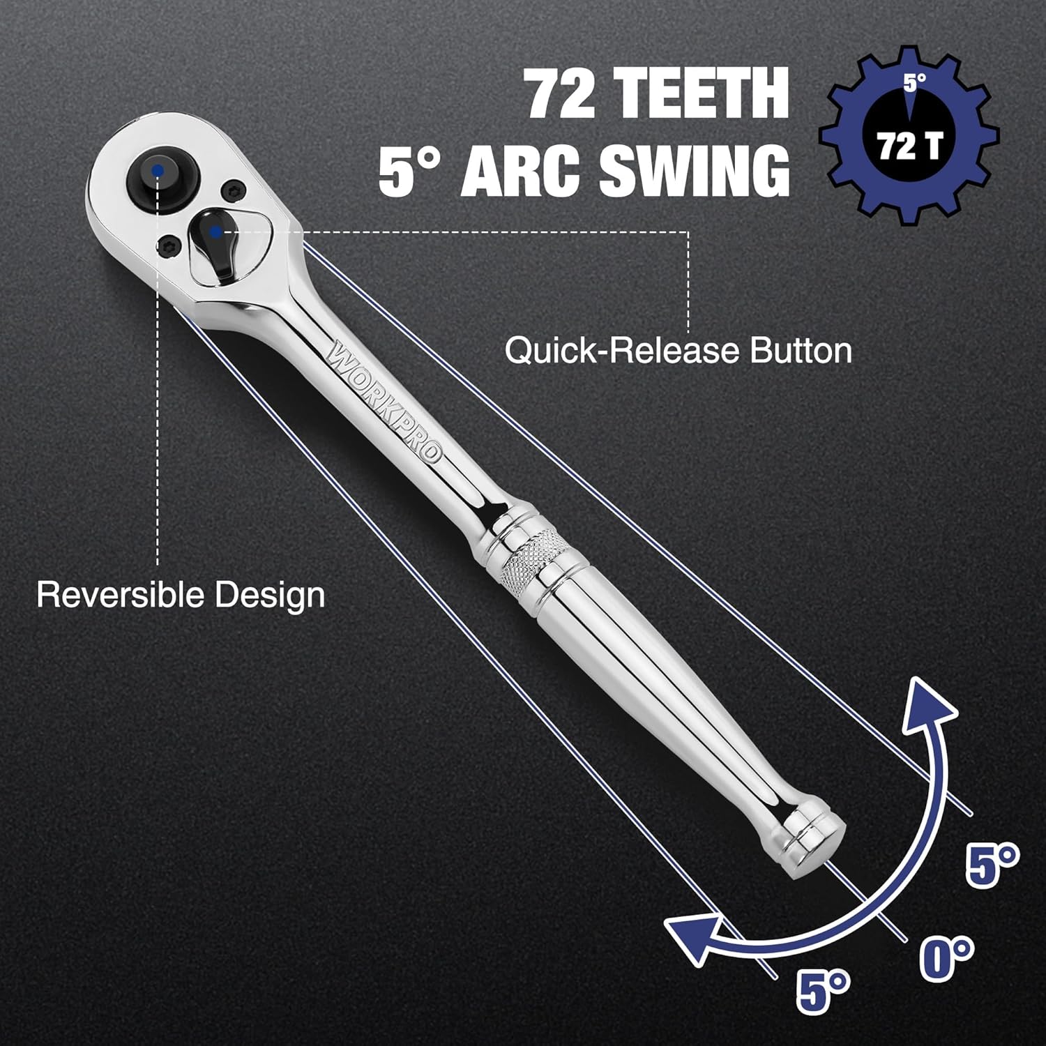 Chrome reversible ratchet wrench, 72-tooth gear with 5° arc swing