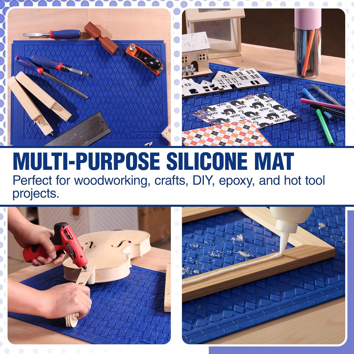 Blue multi-purpose silicone mat panels with diamond texture for DIY, woodworking, and epoxy