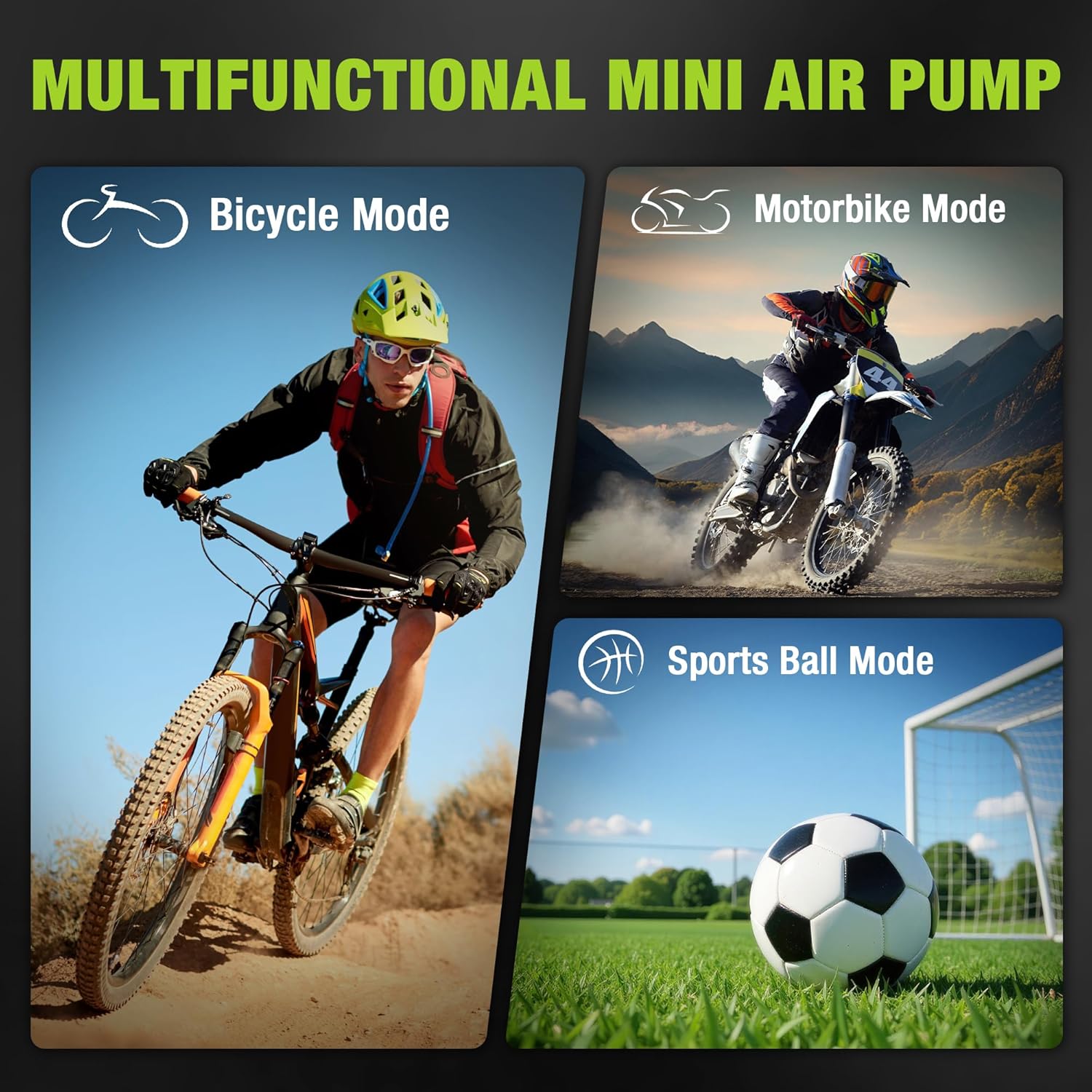 WORKPRO multifunction mini air pump showing bicycle, motorbike, and sports ball modes