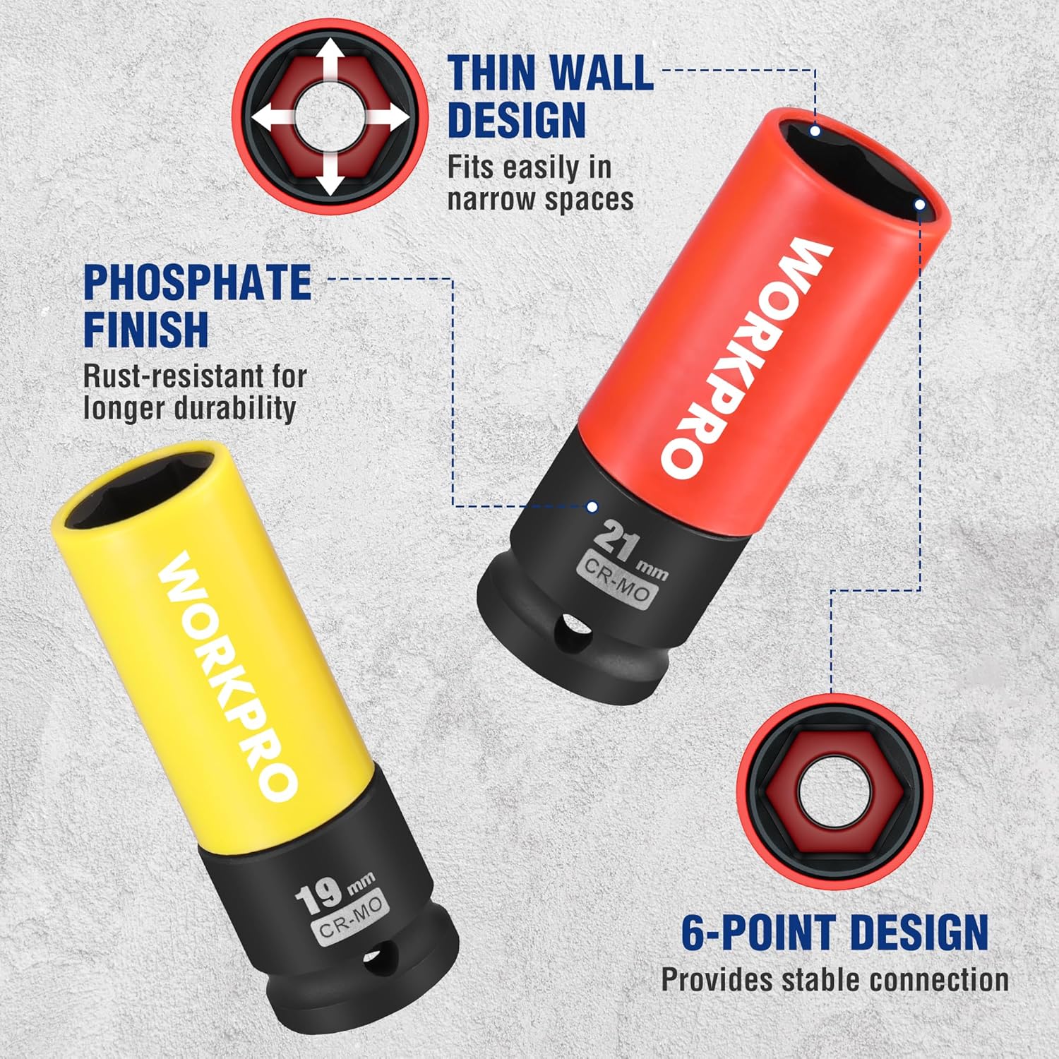 Thin-wall lug nut sockets with non-marring sleeves: red 21mm and yellow 19mm
