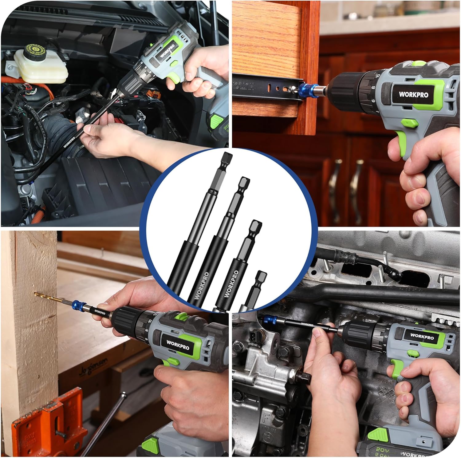 Magnetic drill bit extension set used to install bits in tight spaces with multiple lengths