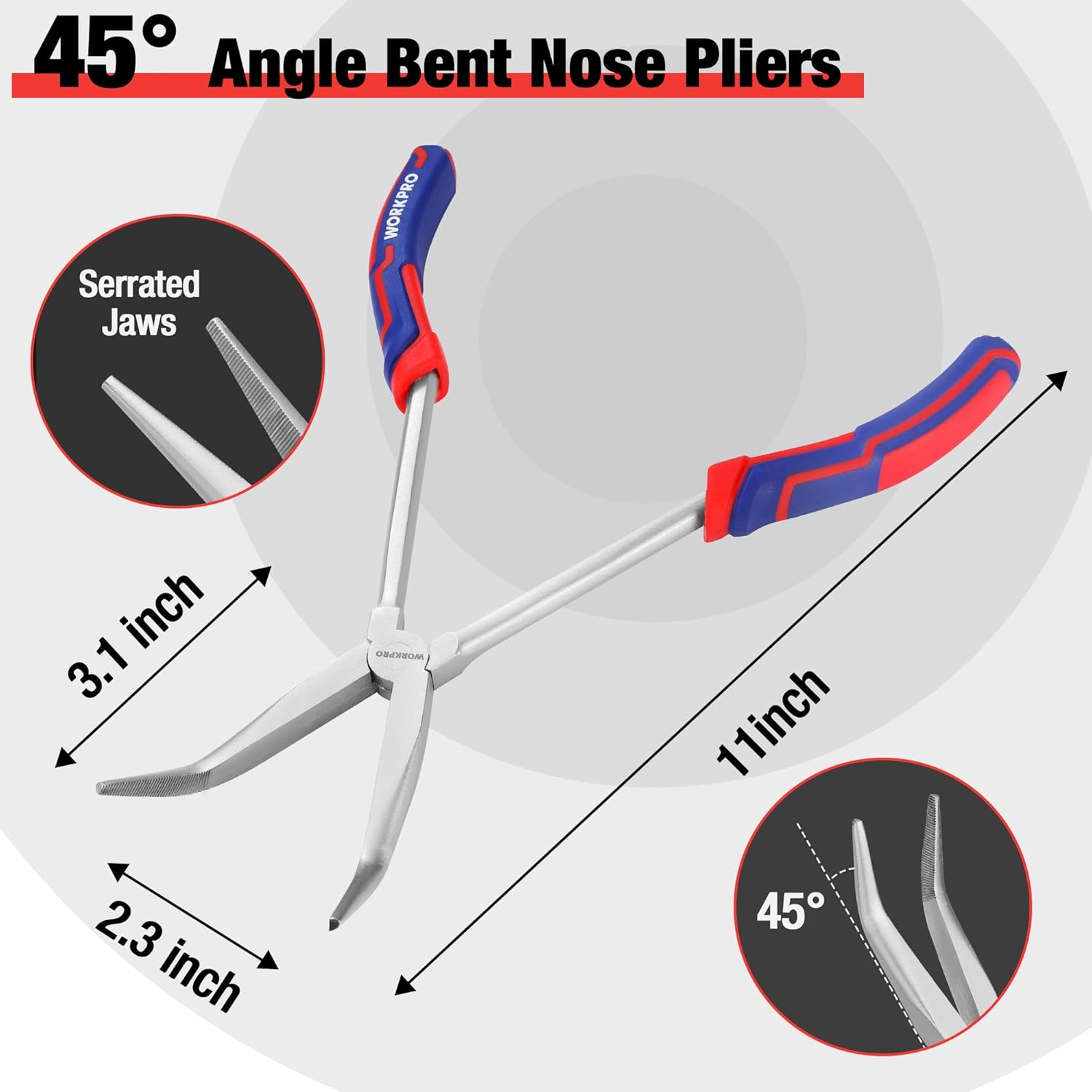 45° angle bent needle nose pliers with serrated jaws and blue/red comfort grips