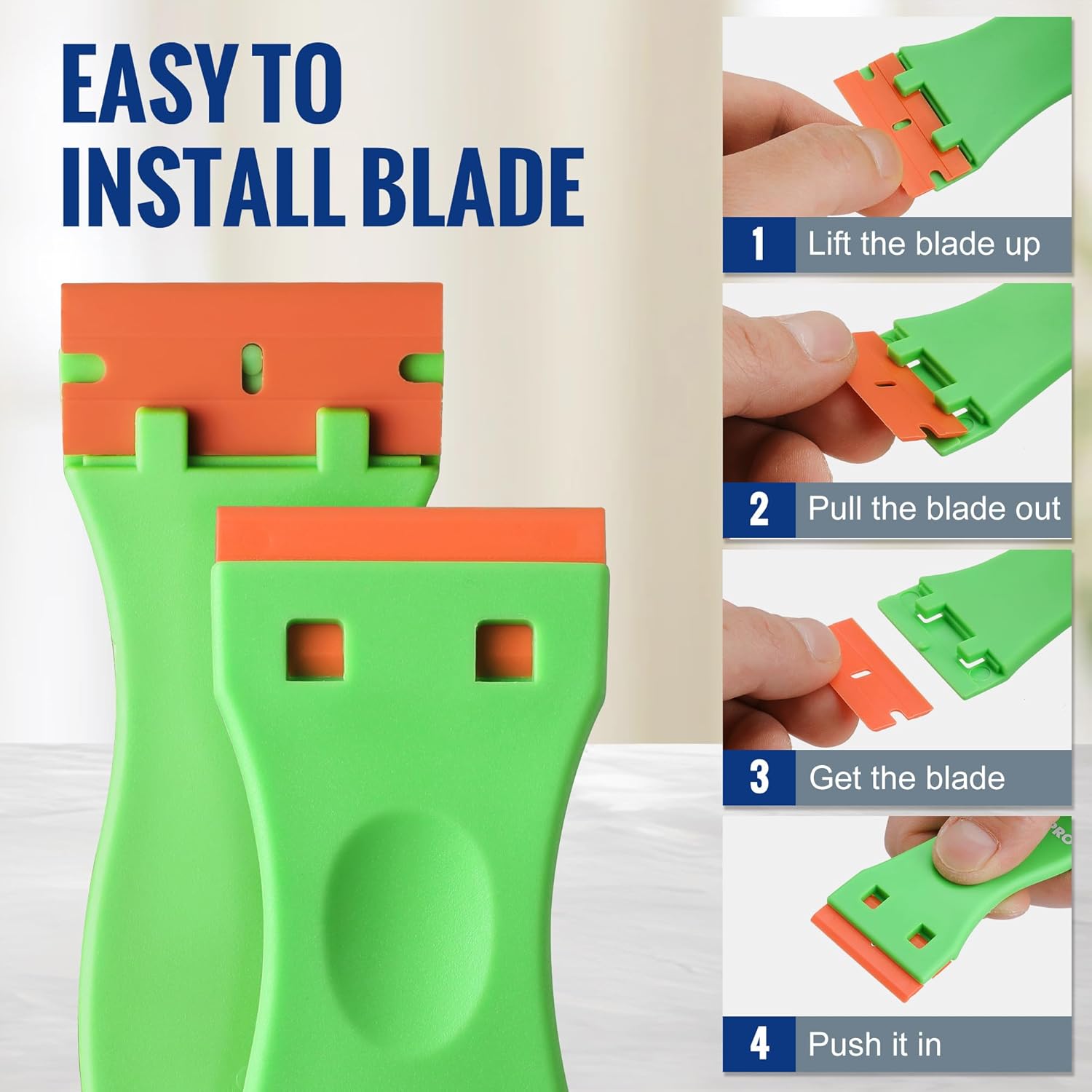 Orange plastic razor blade refill installed into a green scraper tool