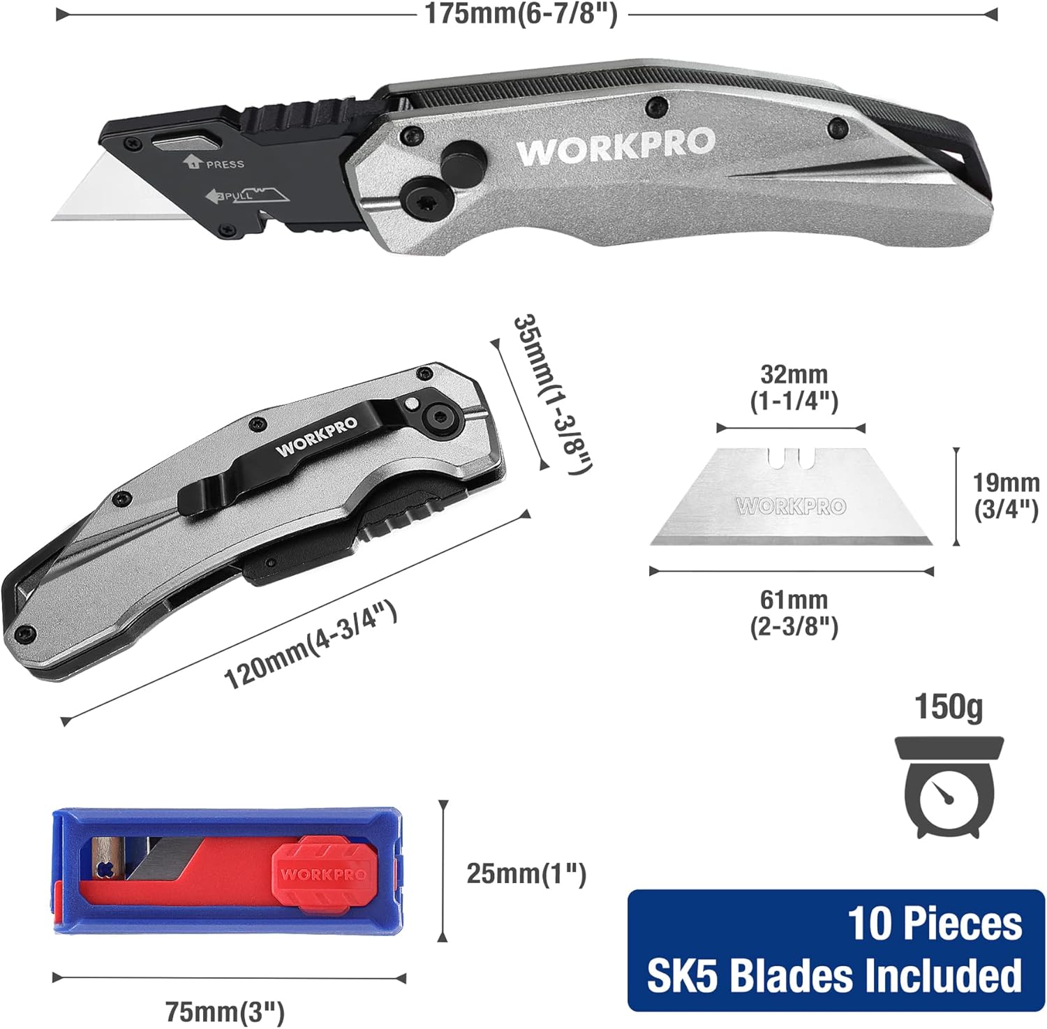 WORKPRO folding utility knife with metal handle and fixed blade, shown with dimensions