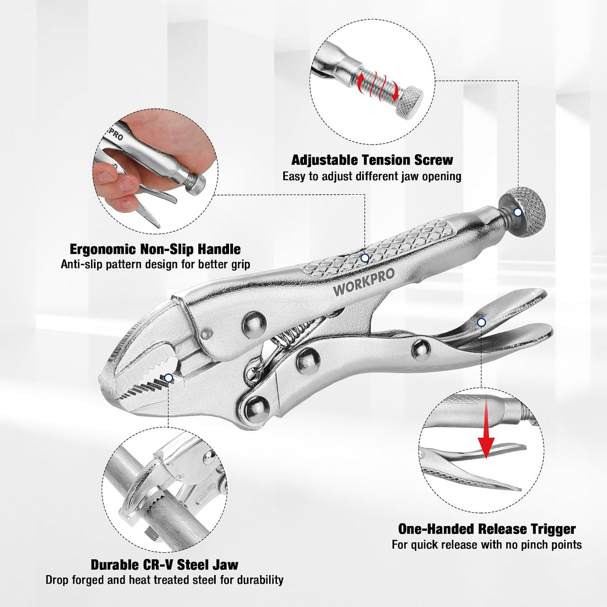WORKPRO Locking Pliers, 4-inch Mini Curved Jaw Vice Grips pliers | Chromium-Vanadium Steel Locking Pliers with Wire Cutter, Locking Adjustable Vise Grips for Clamping Twisting Welding