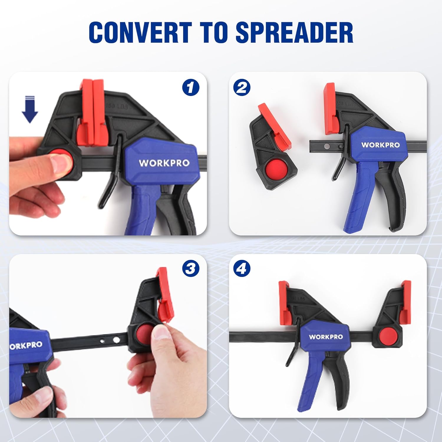 Bar clamp converted to spreader with red jaw pads and blue trigger handle on black frame