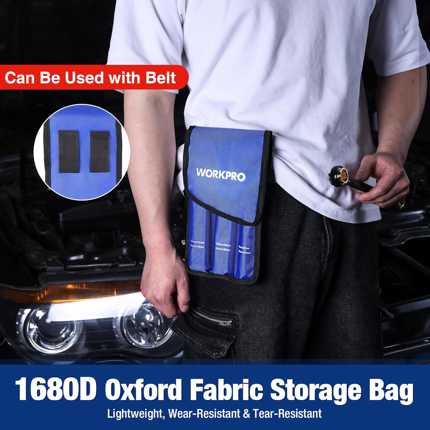 Blue storage bag with ratcheting wrenches in use on a vehicle engine area.