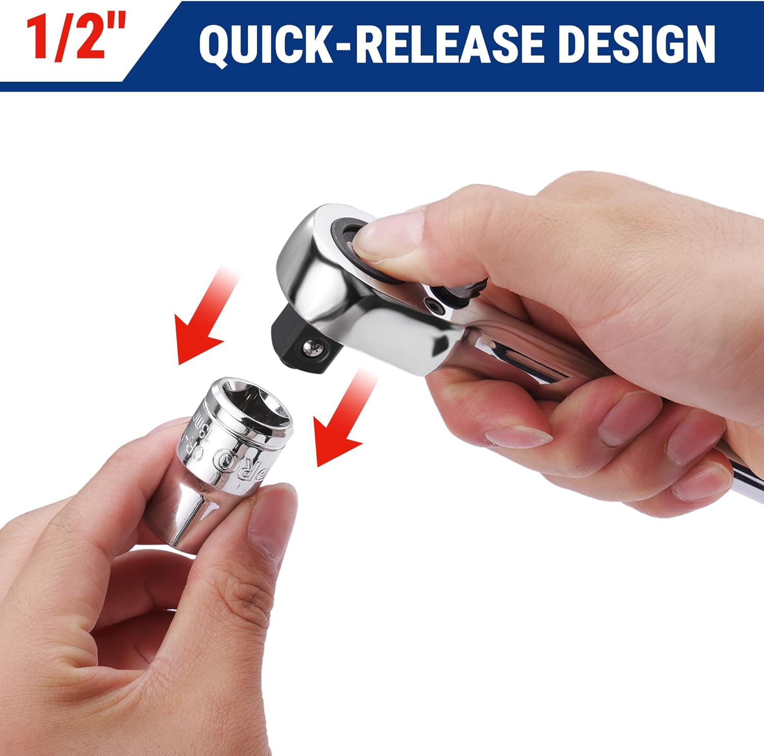 WORKPRO 1/2 in quick-release ratchet wrench with socket release feature