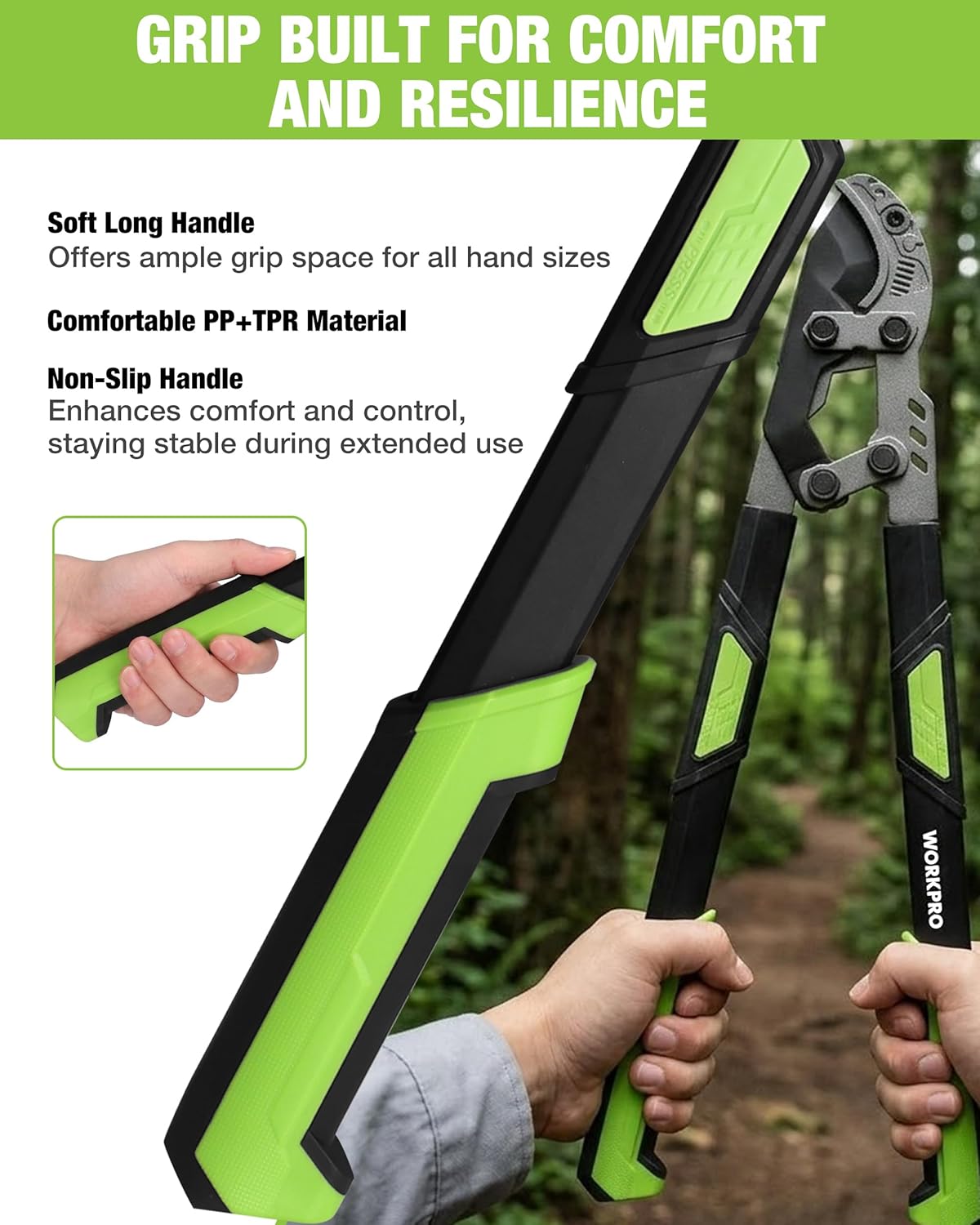 Ergonomic long handle lopper with soft grip, green accents, and comfort handle design.