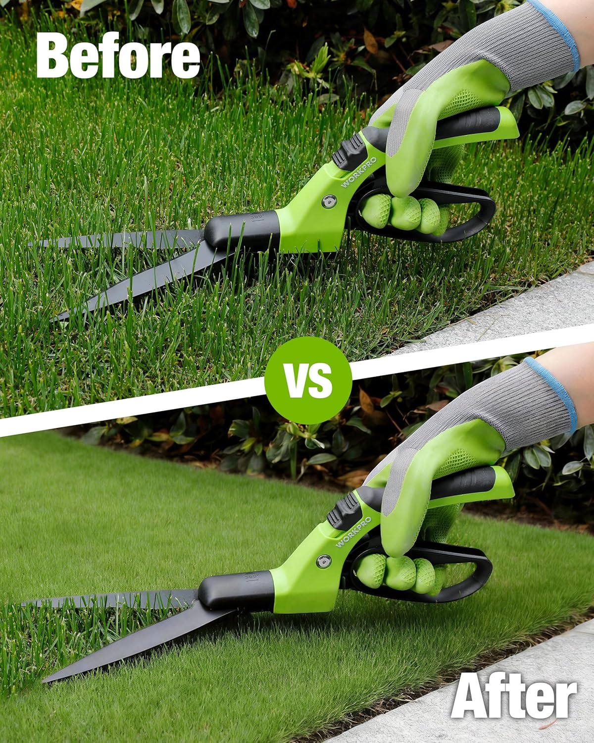 WORKPRO grass shears shown in grass trimming before-and-after use