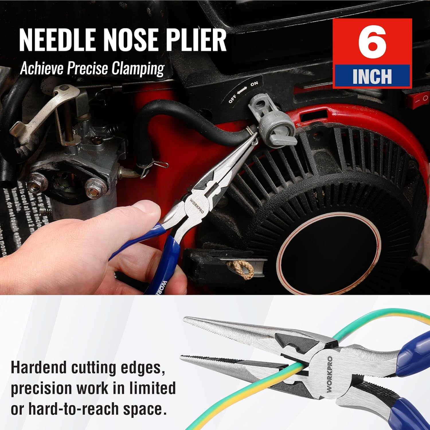 Needle-nose plier with blue soft handle and silver pointed jaws