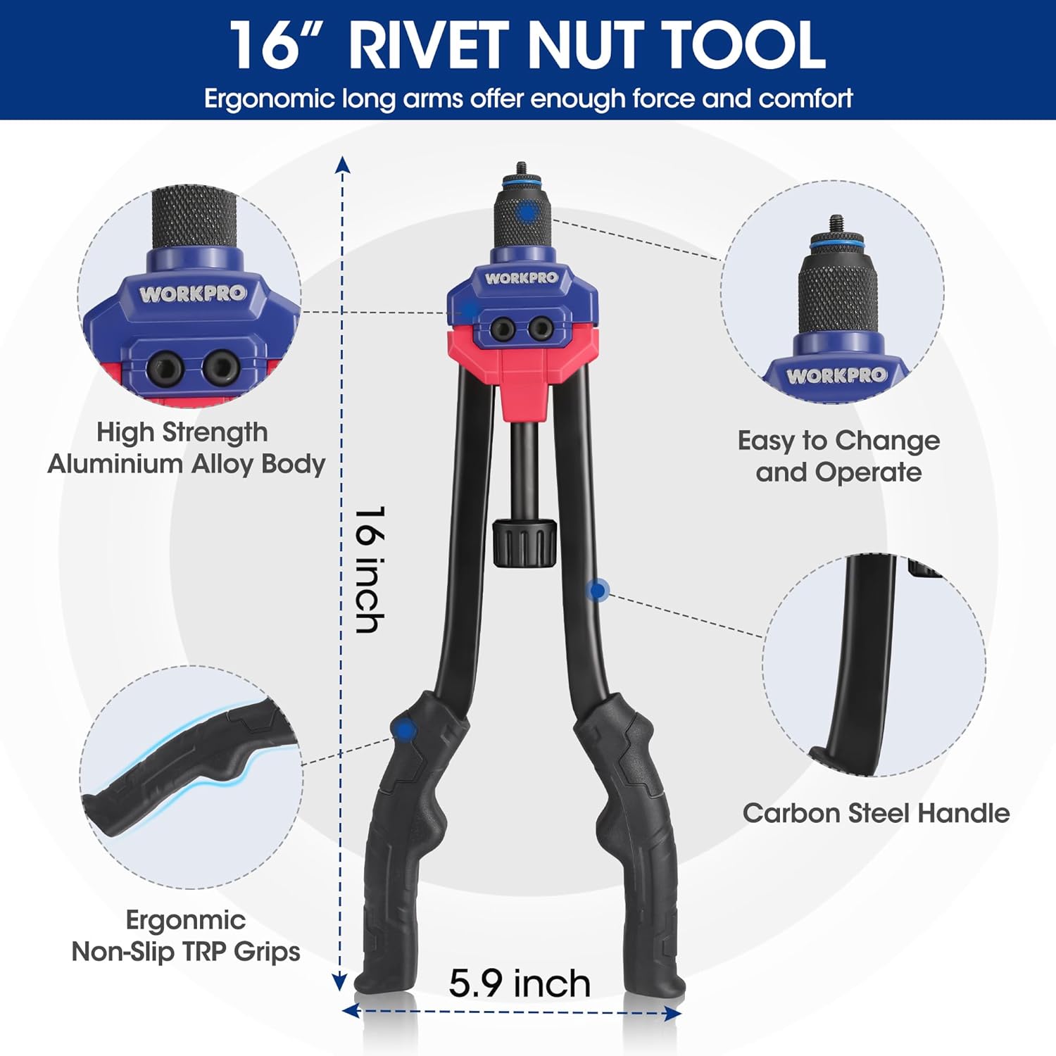Rivet nut tool with long black handles, red/blue body, and non-slip grips