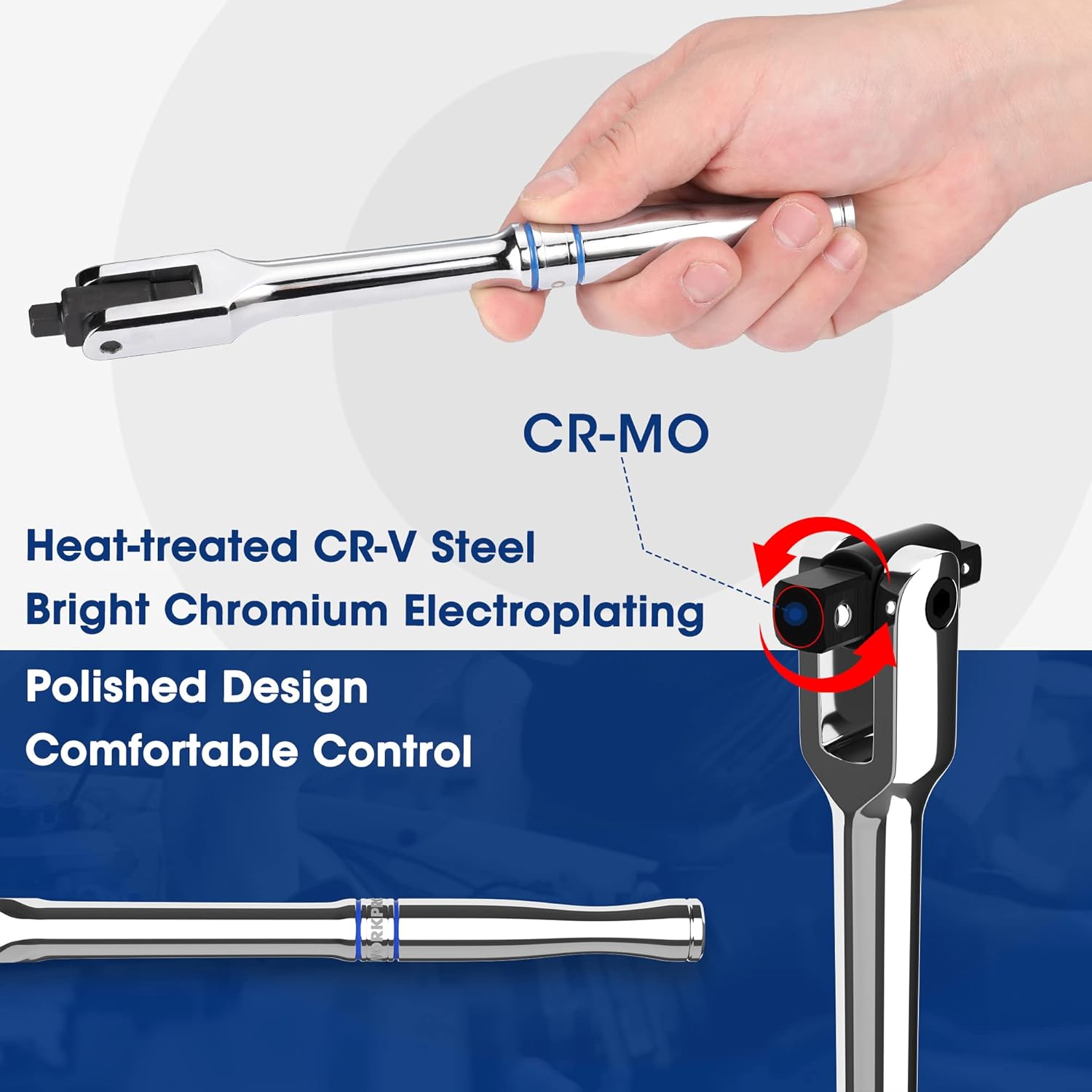 Chrome breaker bar with black 360° rotatable head; held in hand for leverage