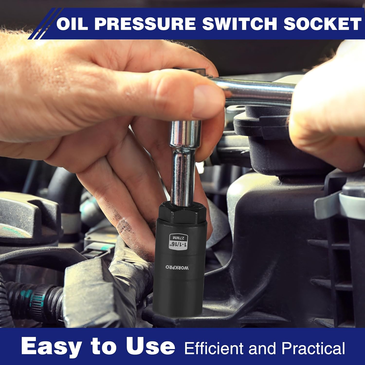 Oil pressure switch socket installed over an engine sensor with 3/8 in ratchet drive
