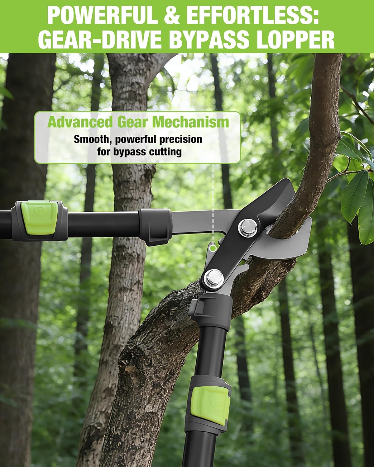 Gear-driven extendable bypass lopper clipping a branch; black arms with lime grip pads