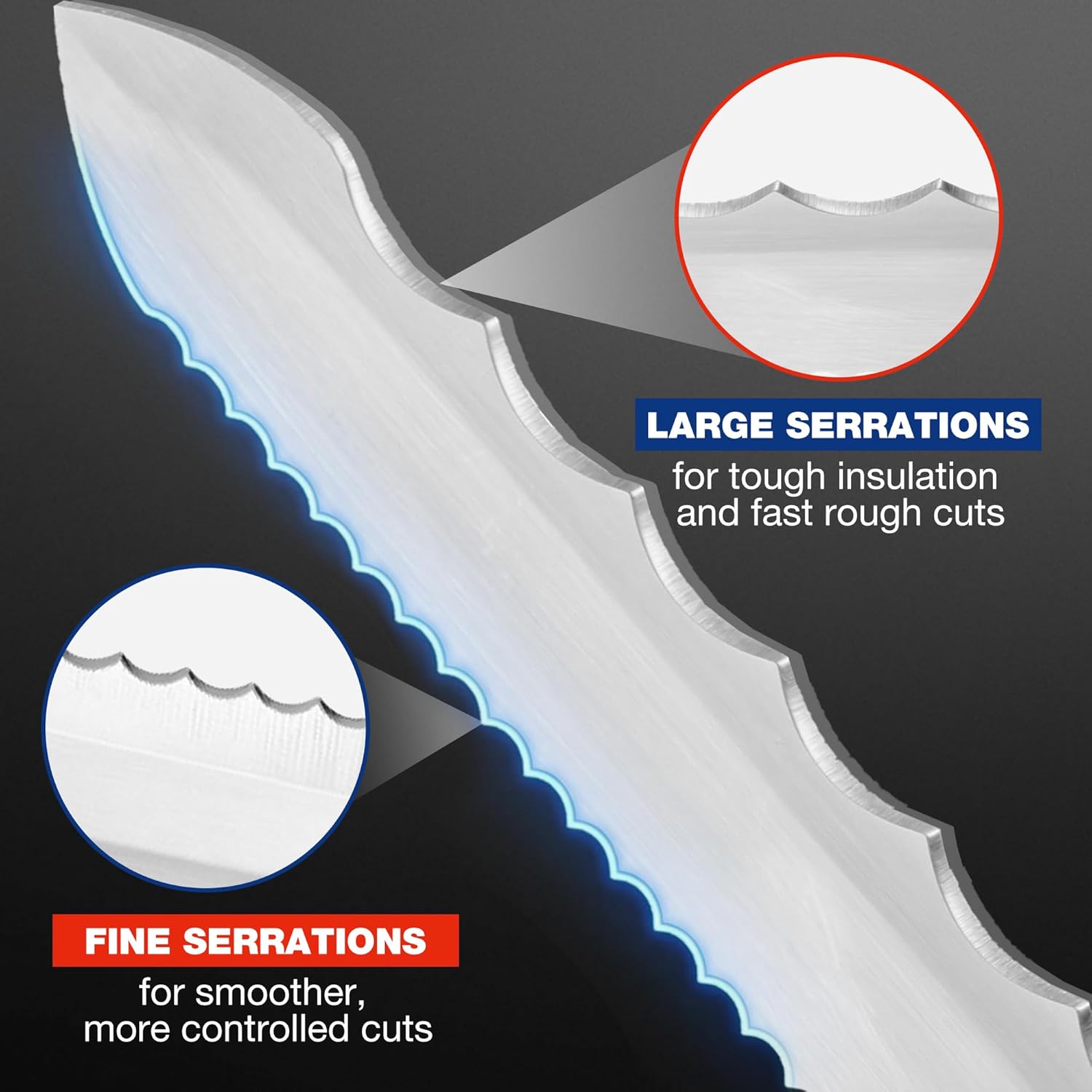 Insulation cutting knife blade with large and fine serrations for rough and smooth cuts