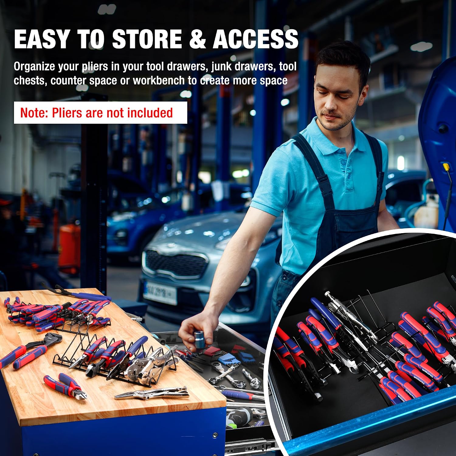 Black plier organizer rack for storing and accessing pliers in a drawer