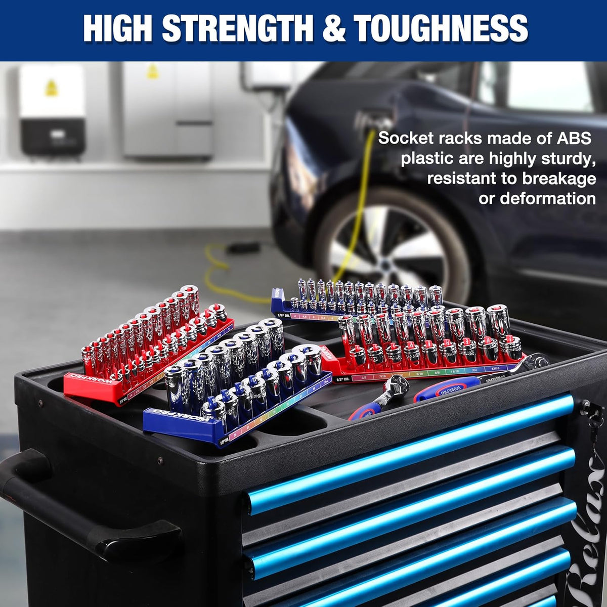 Socket organizer set in a toolbox drawer with blue and red trays and metal sockets