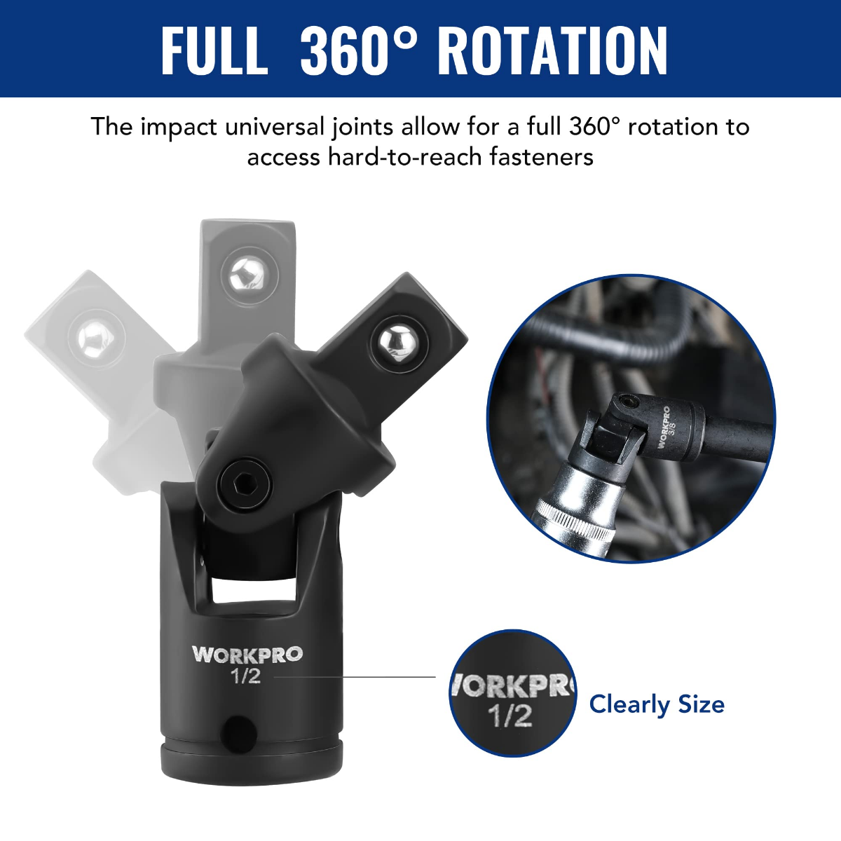 Black 1/2 in universal joint with full 360° rotation for reaching hard-to-reach bolts