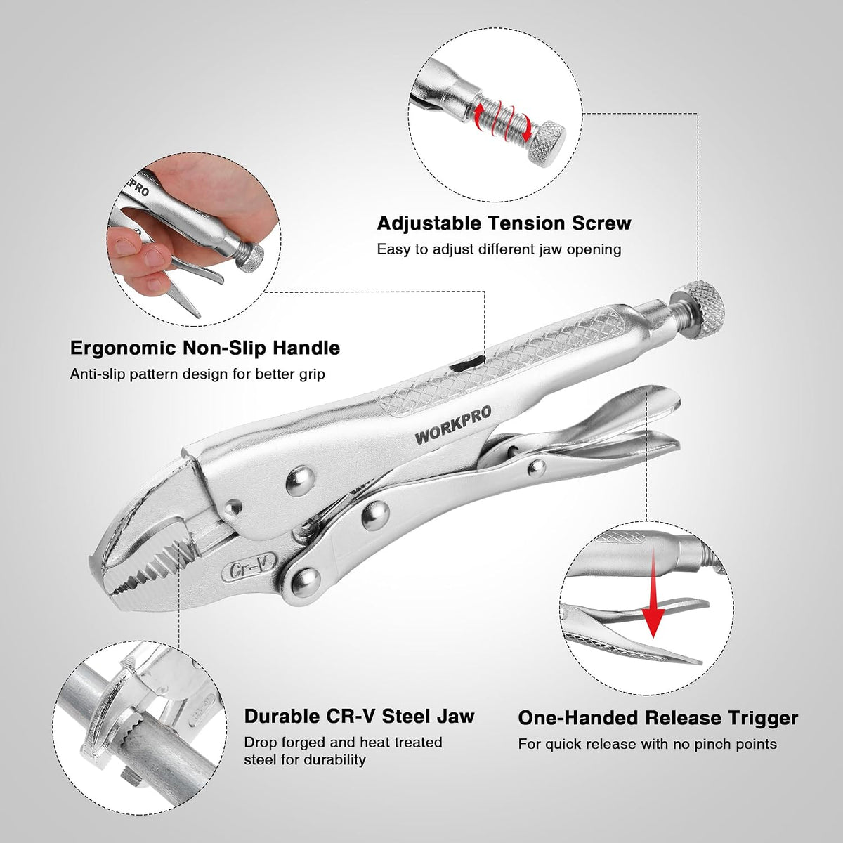WORKPRO Locking Pliers, 7-inch Curved Jaw Vice Grips pliers | Chromium-Vanadium Steel Locking Pliers with Wire Cutter, Locking Adjustable Vise Grips for Clamping Twisting Welding