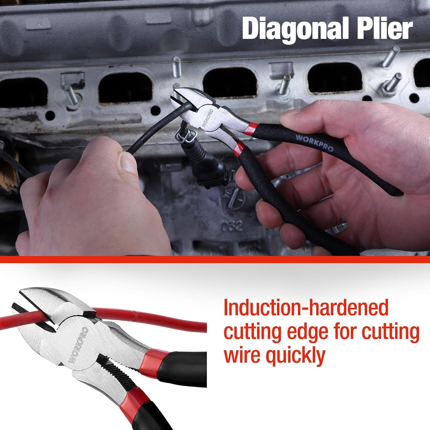 Diagonal cutting pliers with angled jaws and black-and-red handle for wire cutting
