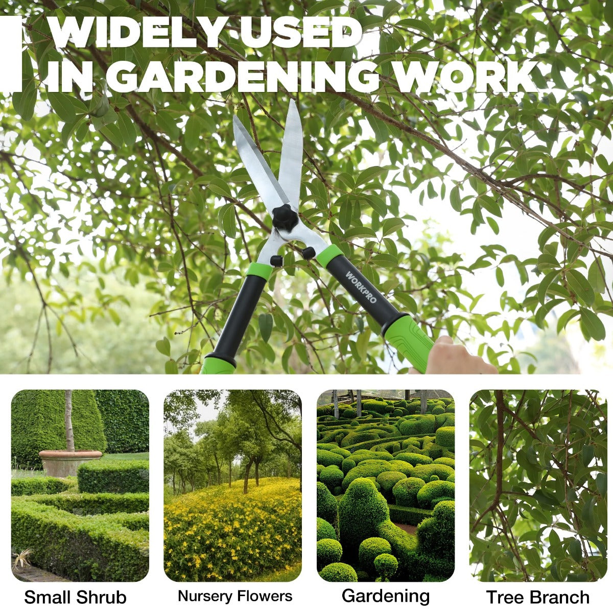 Manual hedge shears with green grips and black body among tree branches