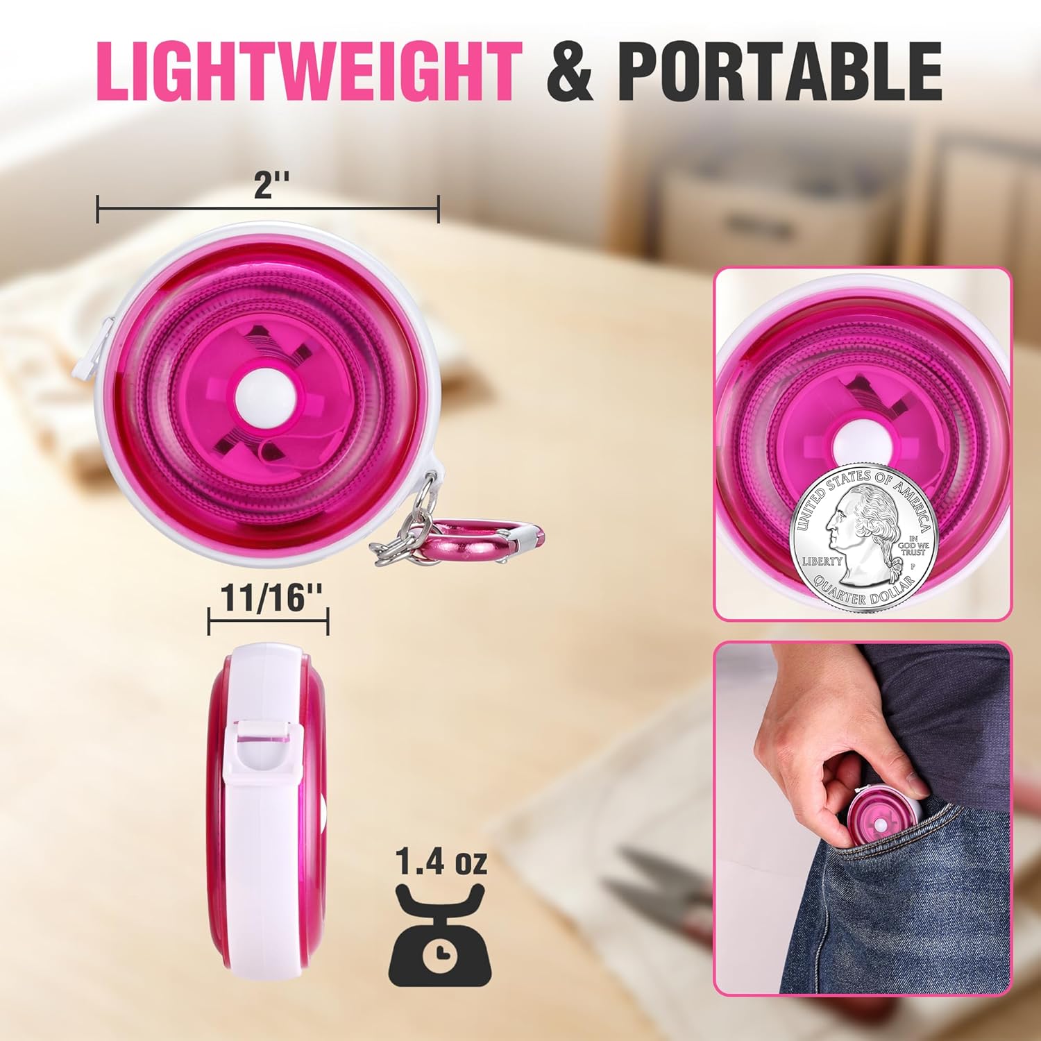 Pink retractable tape measure with compact reel and tape extended.