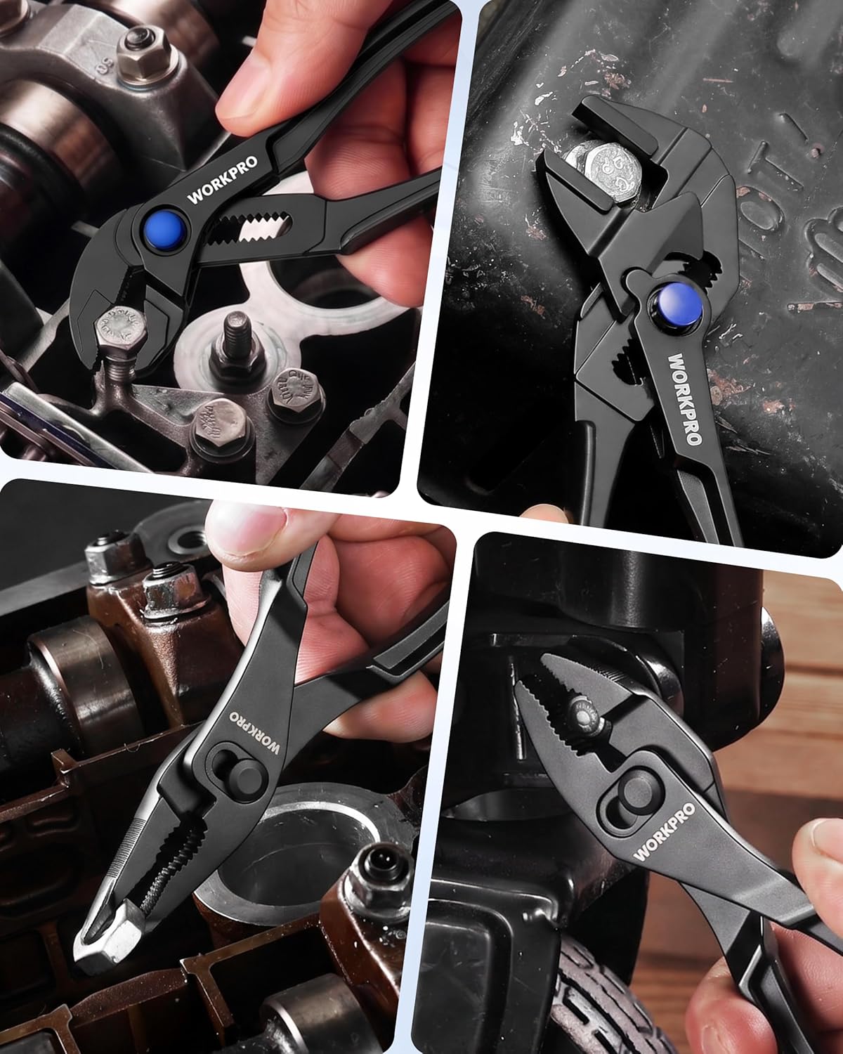 WORKPRO mini adjustable pliers in use on fasteners; black tool with blue pivot