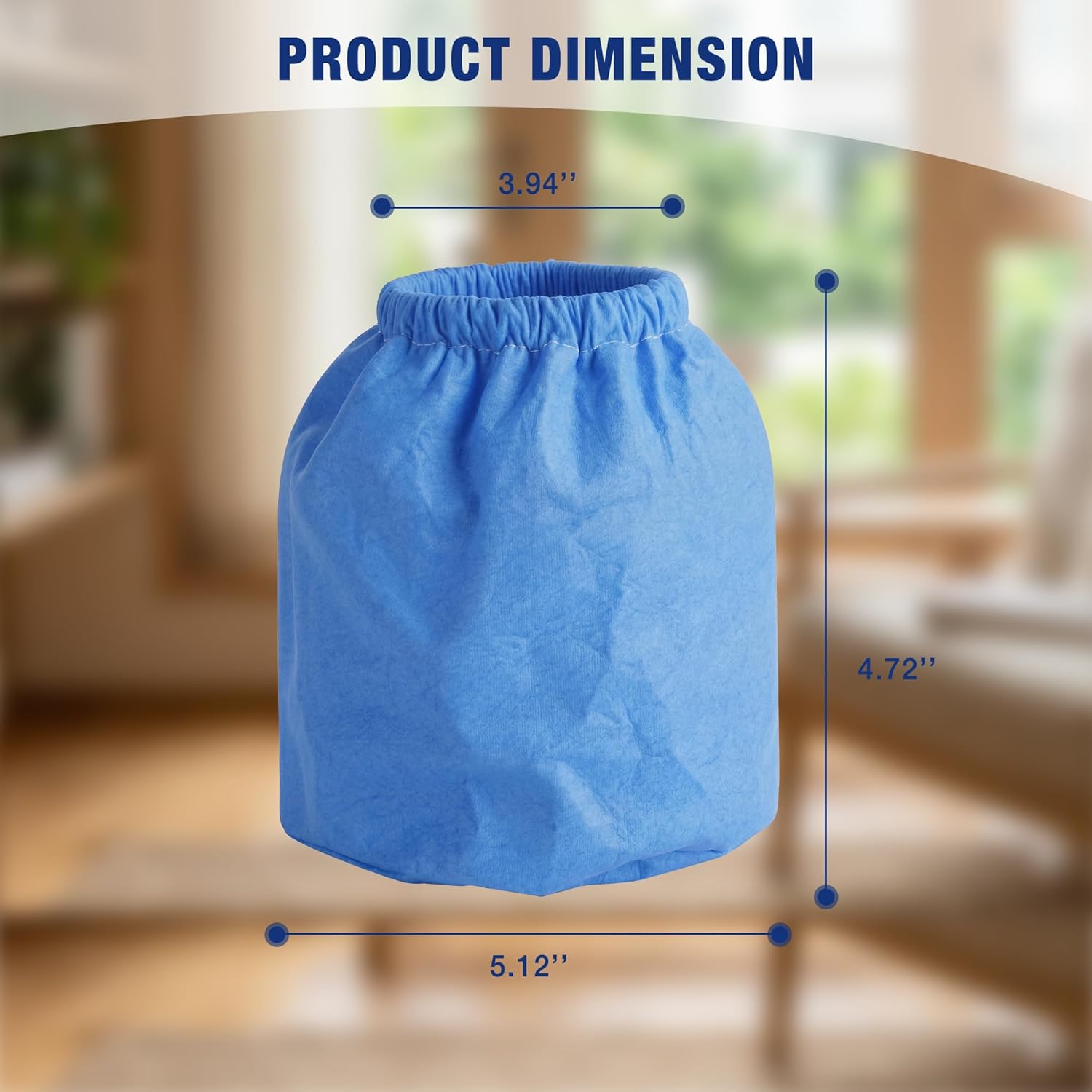 Blue non-woven vacuum filter bag with gathered elastic top and smooth fabric