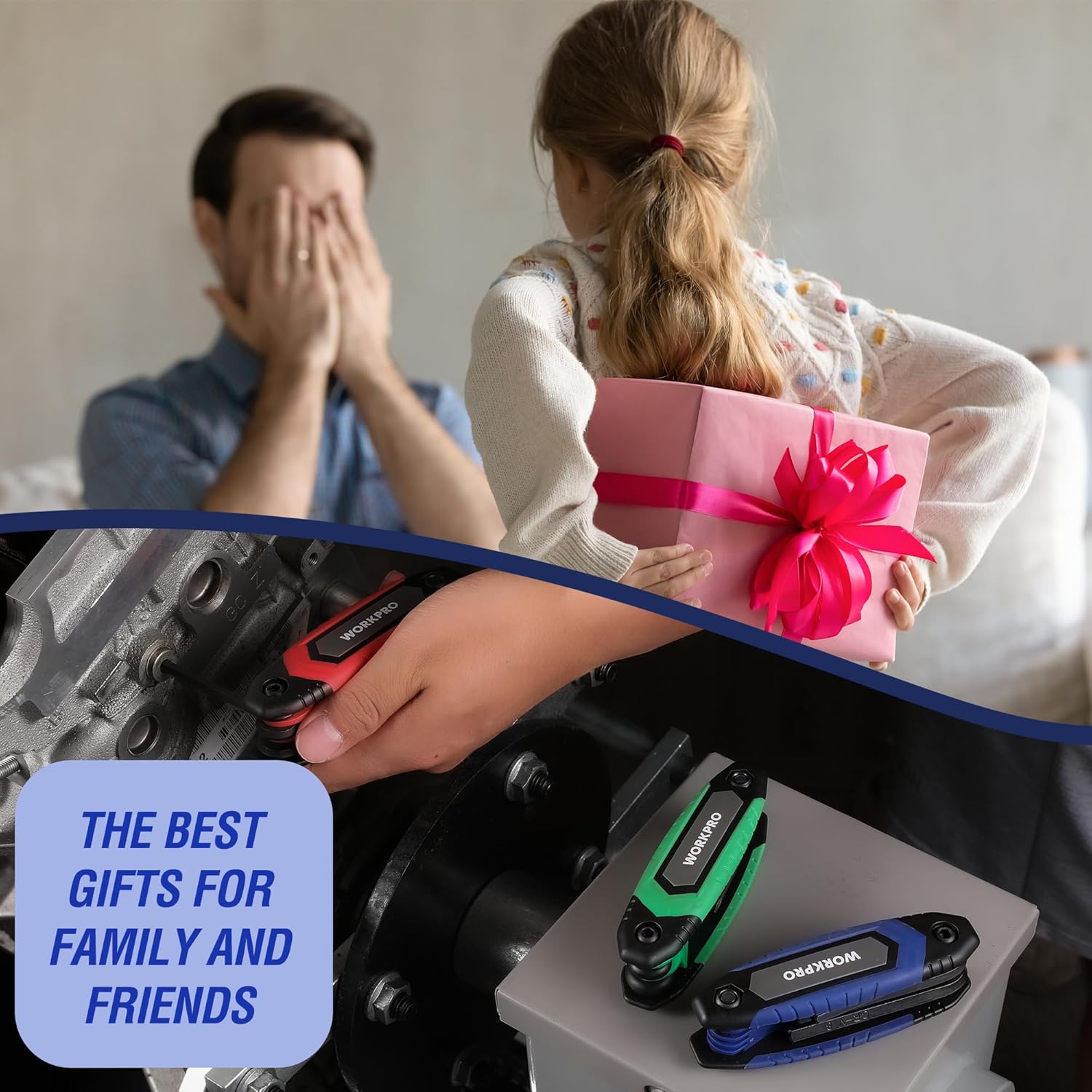WORKPRO folding hex key sets inside a gift box, green and blue key holders visible