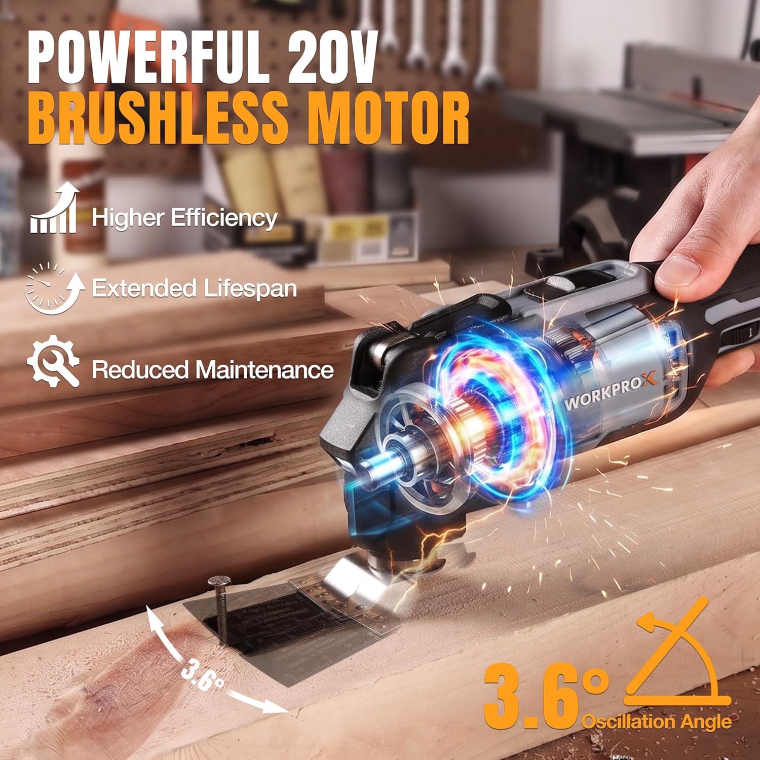 Cordless oscillating multi-tool with oscillating head cutting on wood surface