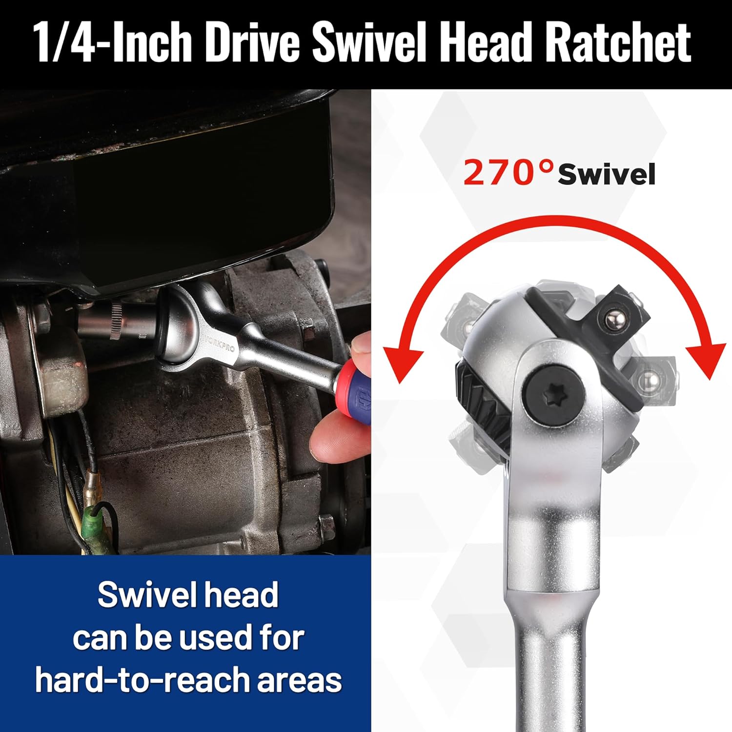 Chrome 1/4-inch drive swivel head ratchet with 270° rotation for tight spaces