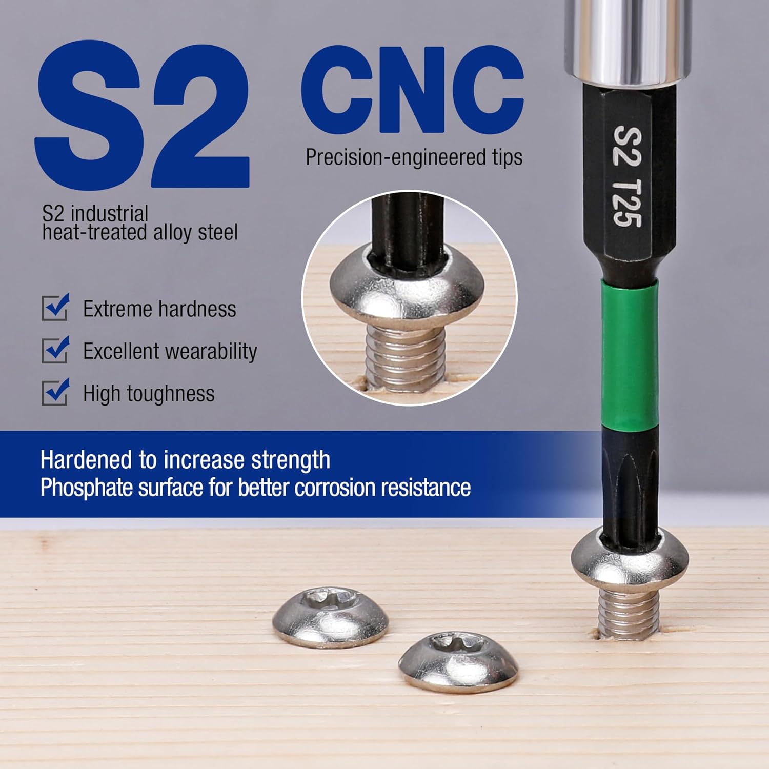 S2 T25 Torx impact bit with green collar and hardened tip, 1/4 in hex shank