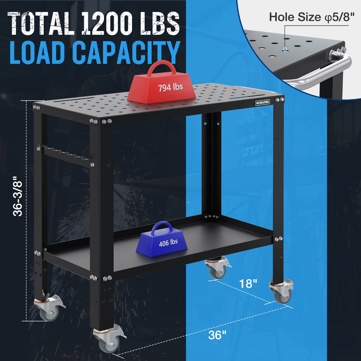 Portable welding table with perforated top, tubular frame, and four caster wheels